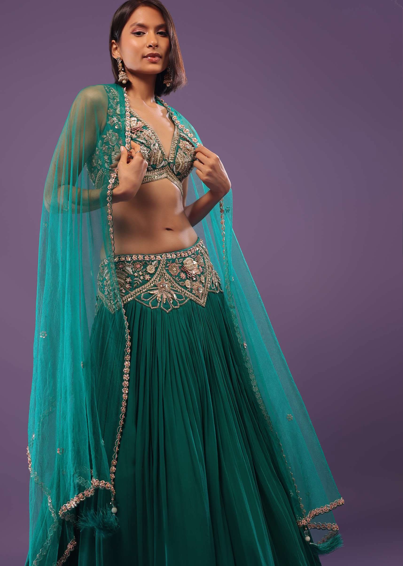 Emerald Green Embroidered Lehenga Set In Georgette - Image 4