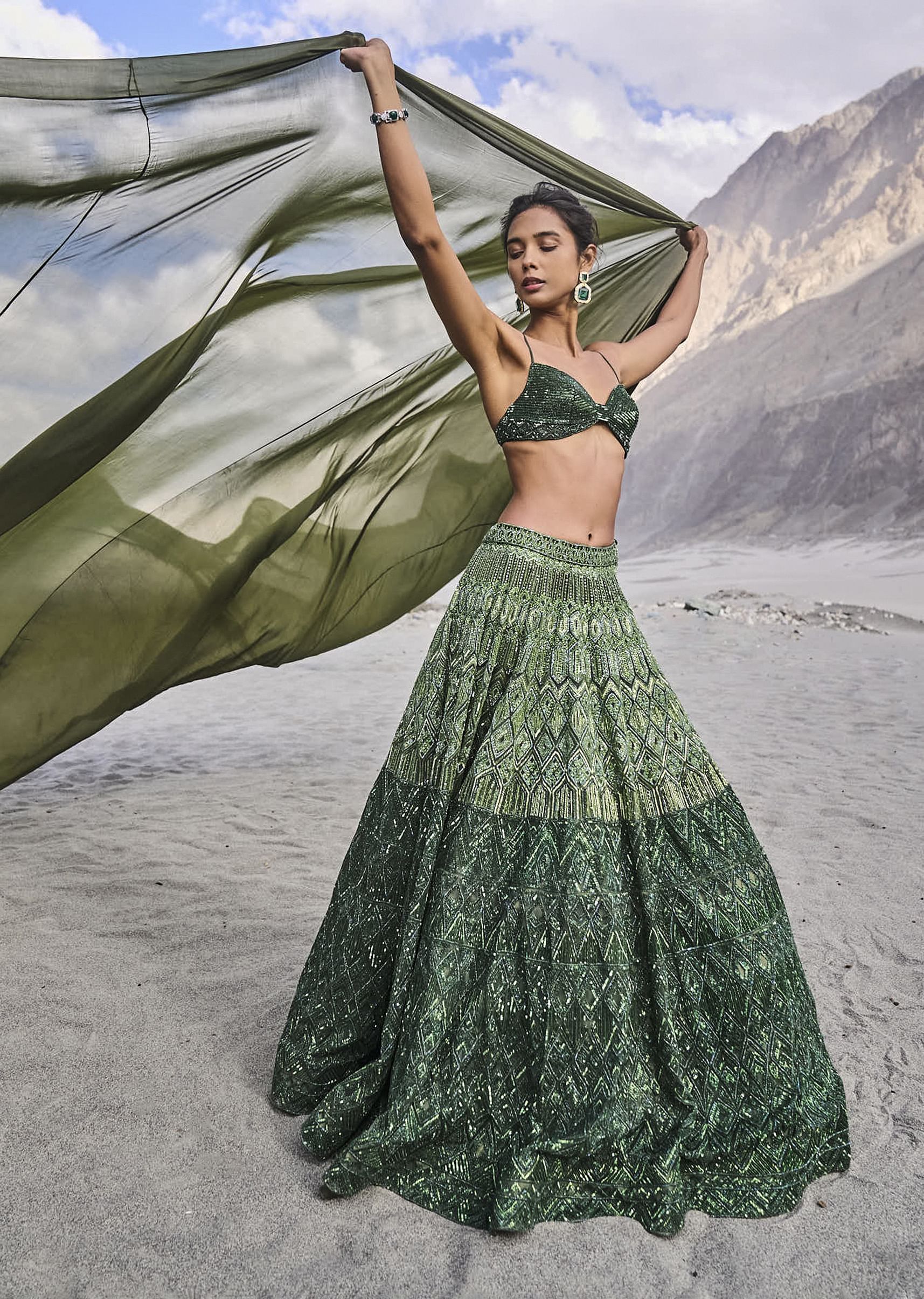 Emerald Green Heavy Crystal Cut Embroidered Lehenga With Cape - Image 3