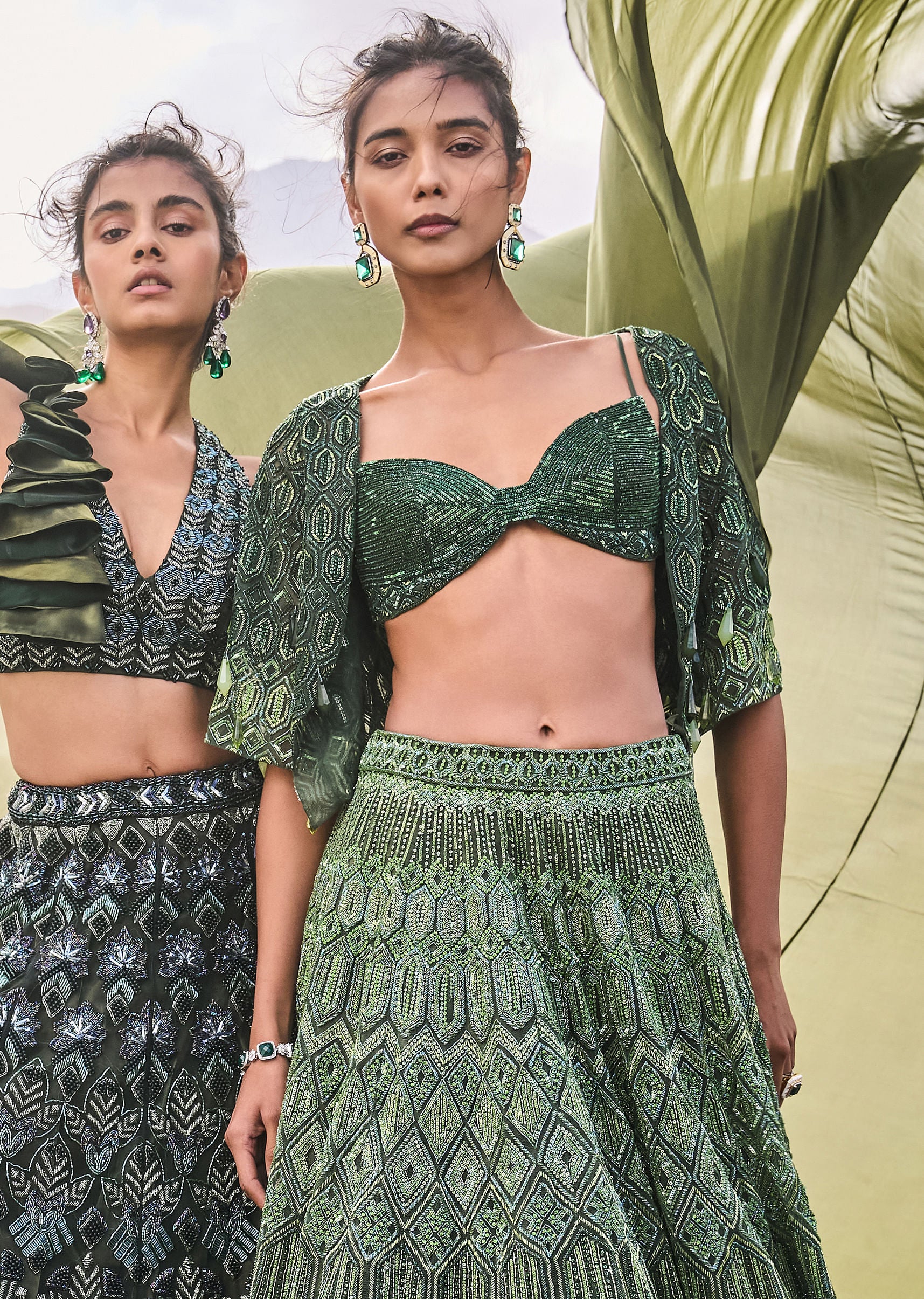 Emerald Green Heavy Crystal Cut Embroidered Lehenga With Cape - Image 6