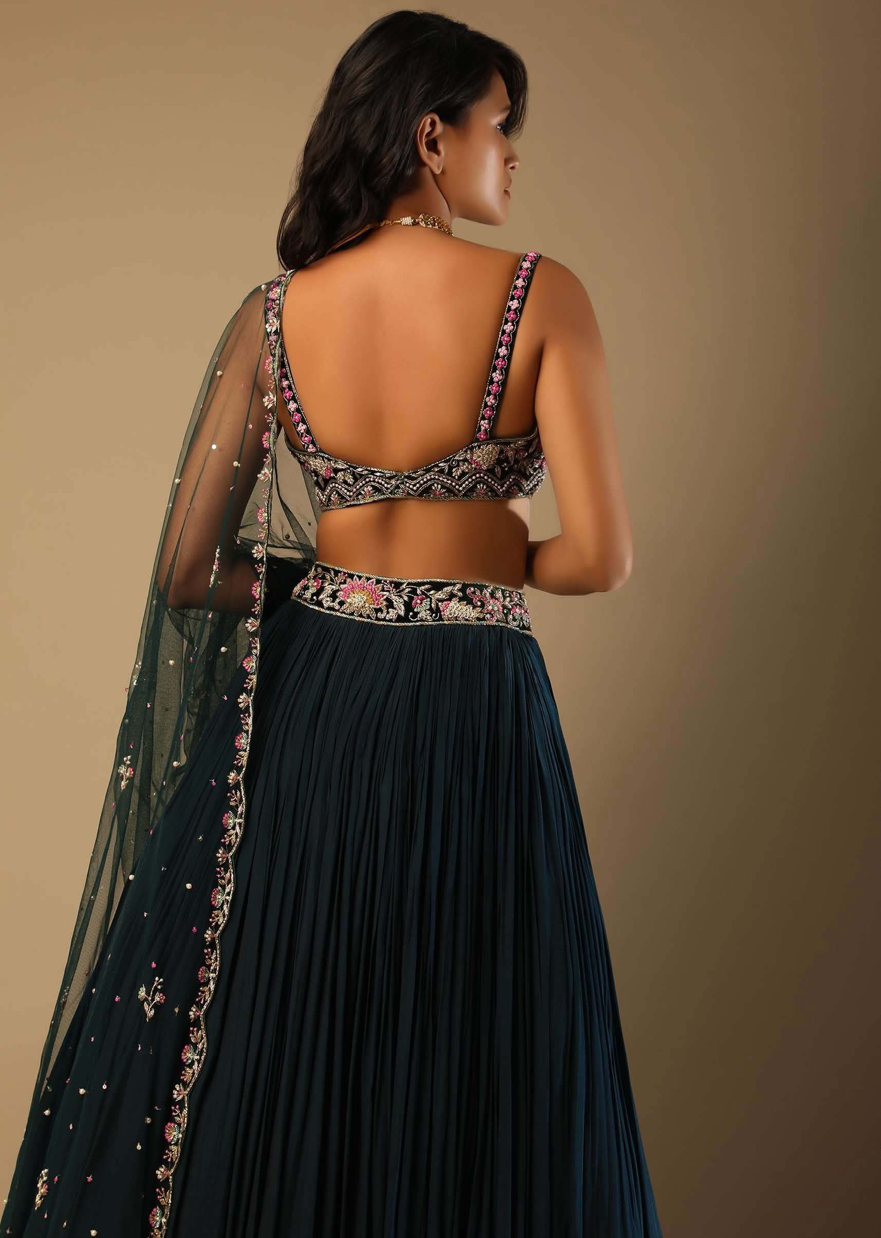 Emerald Green Lehenga With Hand Embroidered Choli Using Multi Colored Floral Motifs - Image 6