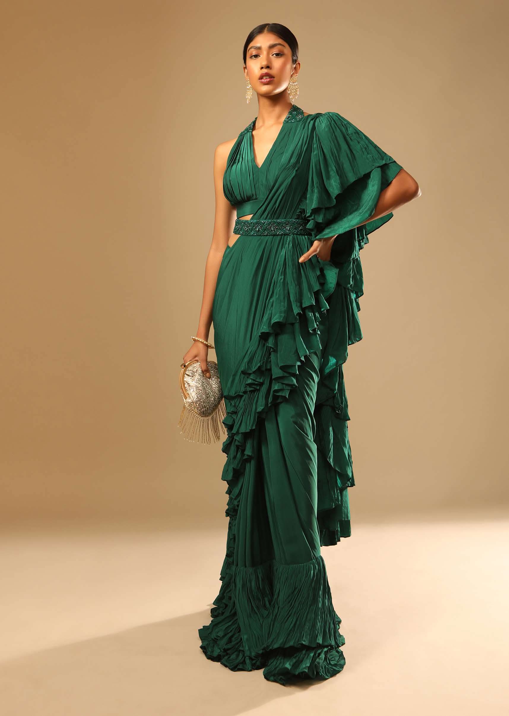Emerald Green Ready Pleated Ruffle Saree With A Halter Neck Blouse And 3D Embroidered Belt - Image 2