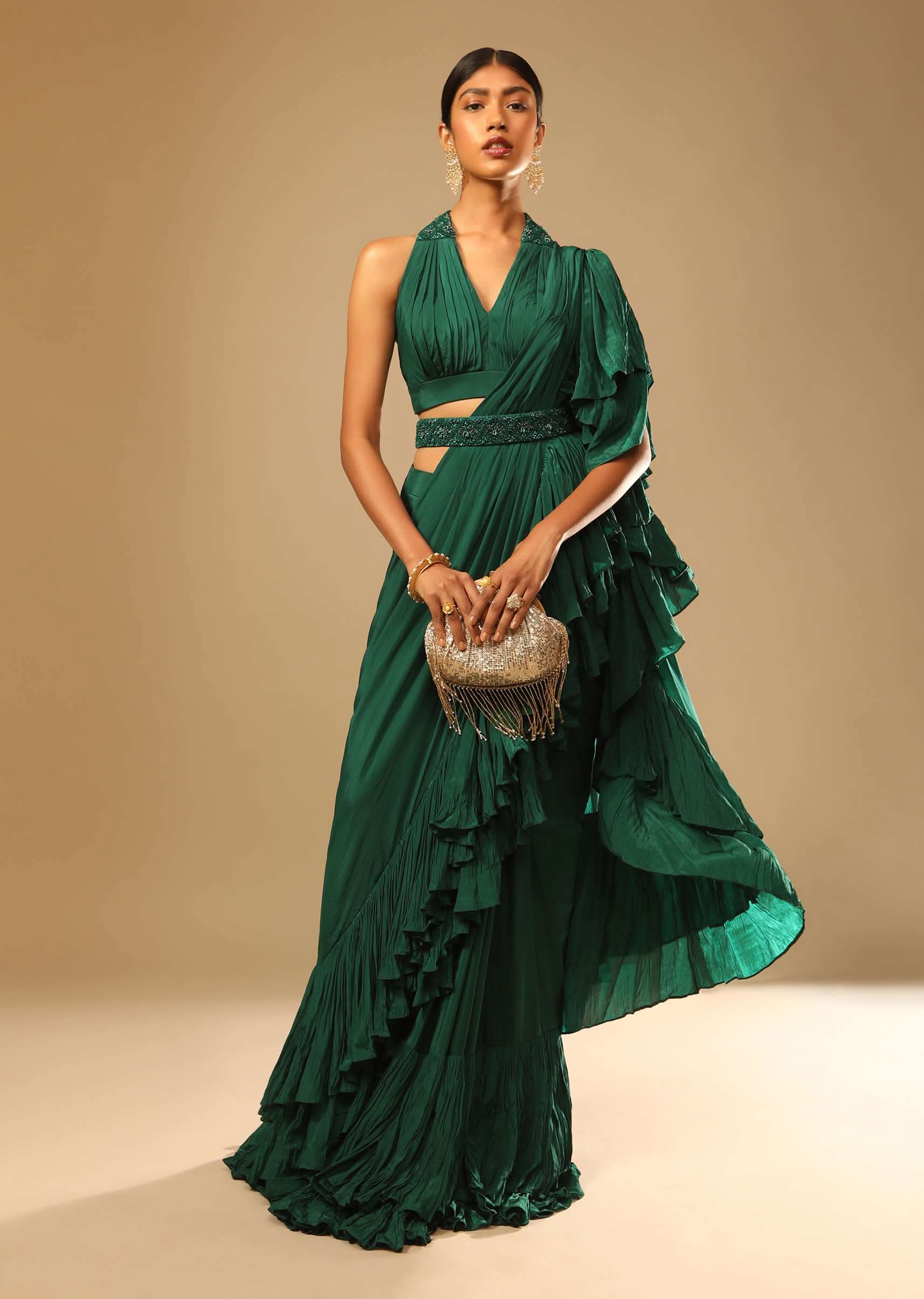 Emerald Green Ready Pleated Ruffle Saree With A Halter Neck Blouse And 3D Embroidered Belt - Image 4