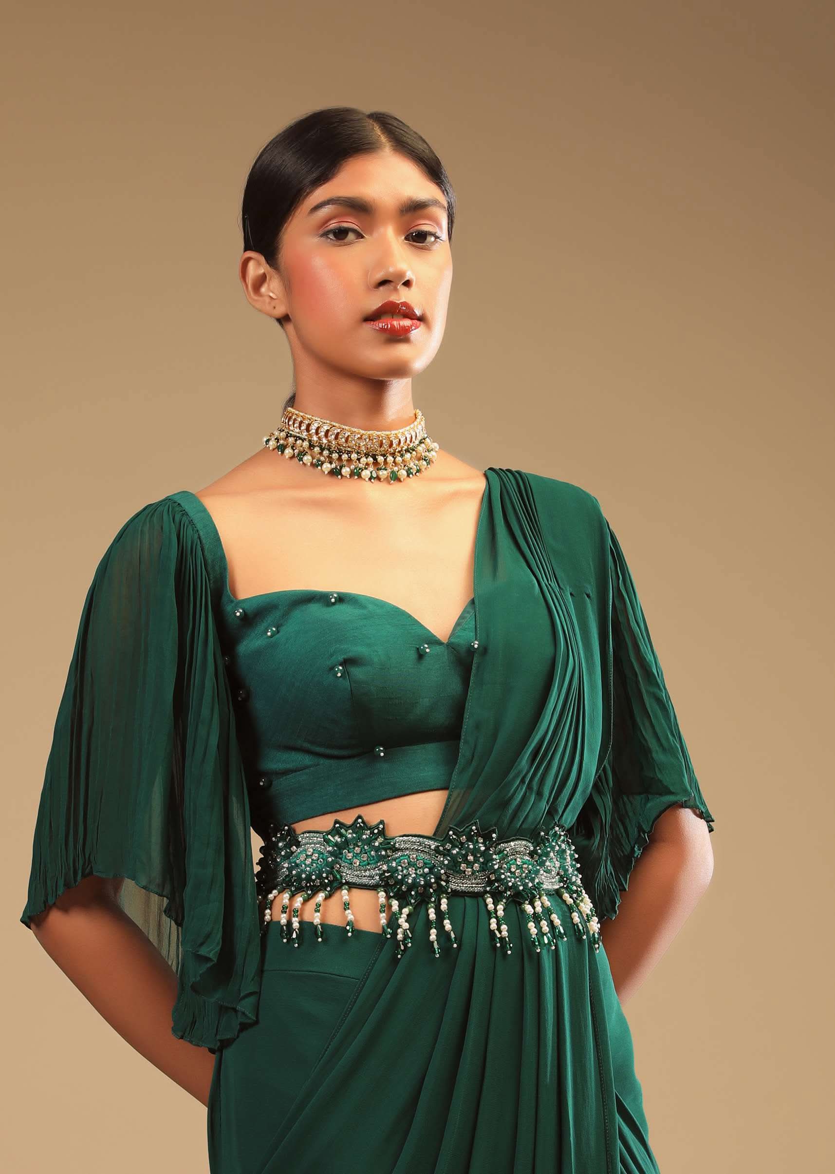 Emerald Green Ready To Wear Saree In Georgette With Bell Sleeves Crop Top And Chunky Embroidered Belt - Image 5