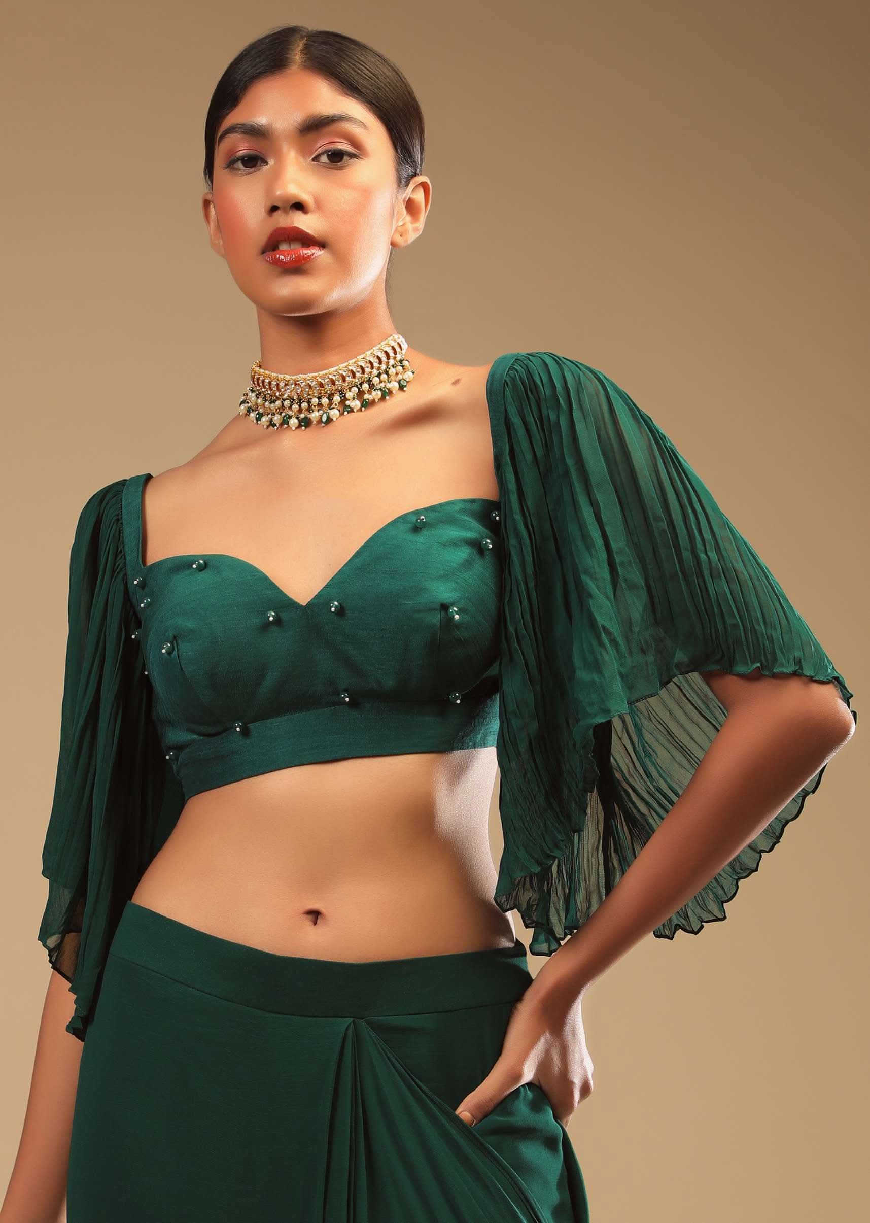 Emerald Green Ready To Wear Saree In Georgette With Bell Sleeves Crop Top And Chunky Embroidered Belt - Image 6