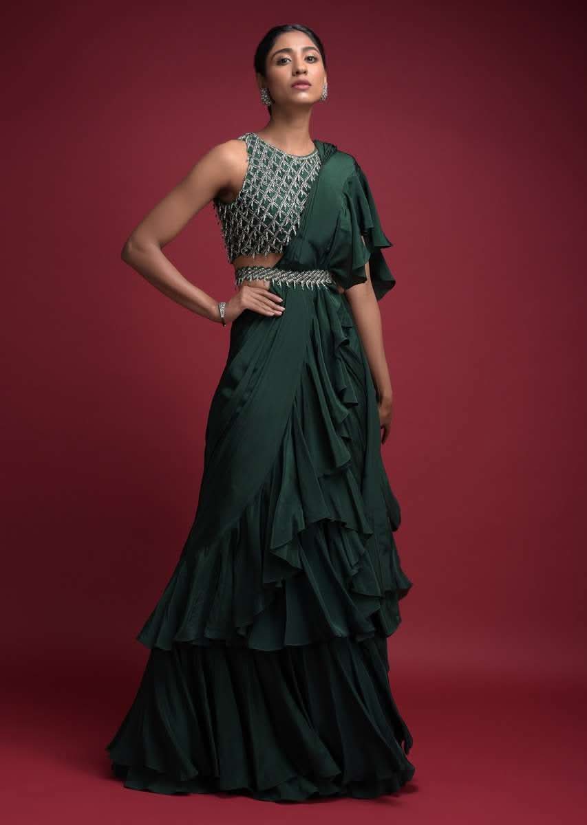 Emerald Green Saree In Crepe With Ruffled Pallu And Layered Ruffles On The Pleats - Image 3