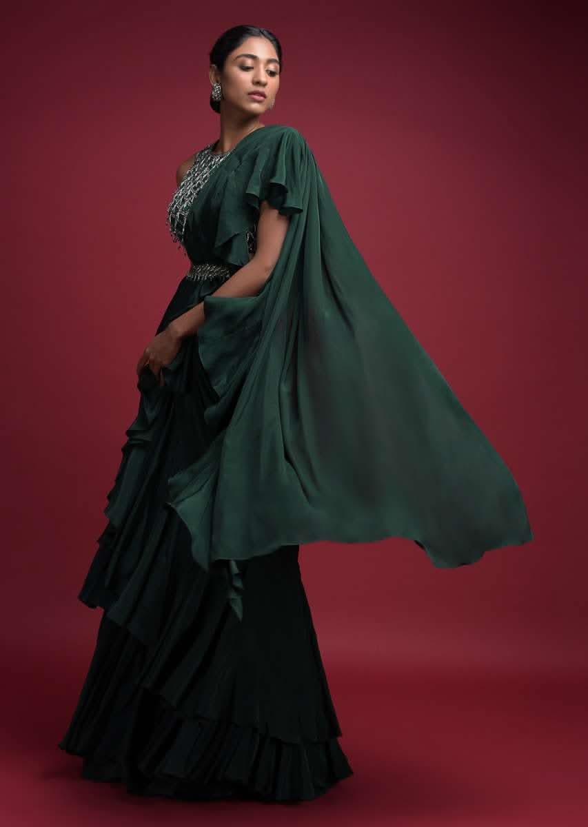 Emerald Green Saree In Crepe With Ruffled Pallu And Layered Ruffles On The Pleats - Image 5