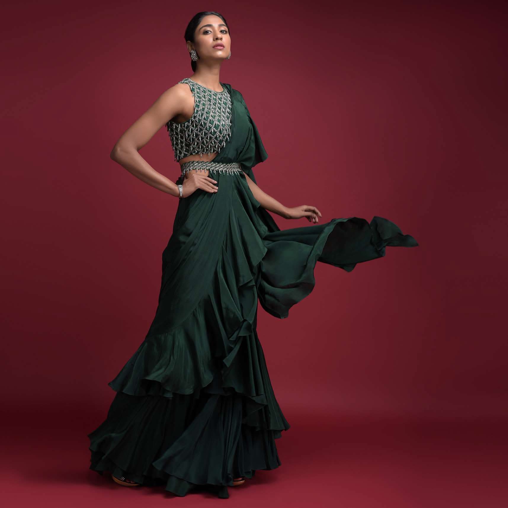 Emerald Green Saree In Crepe With Ruffled Pallu And Layered Ruffles On The Pleats - Image 8