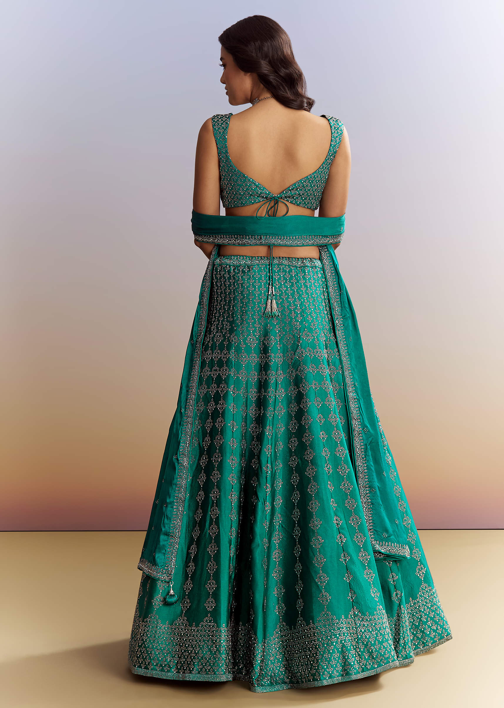 Emerald Green Satin Bridesmaid Lehenga With Stone Work - Image 2