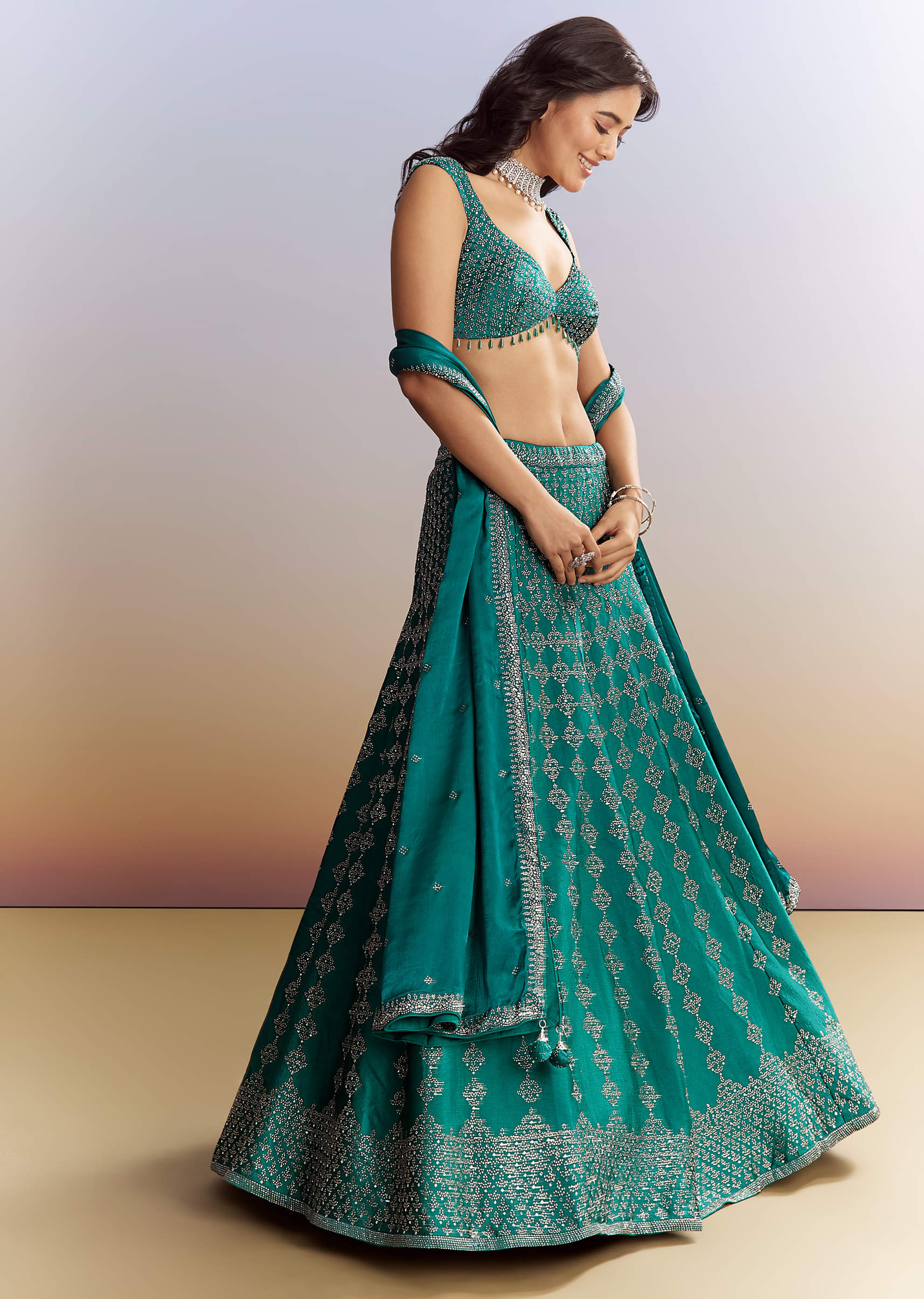 Emerald Green Satin Bridesmaid Lehenga With Stone Work - Image 4