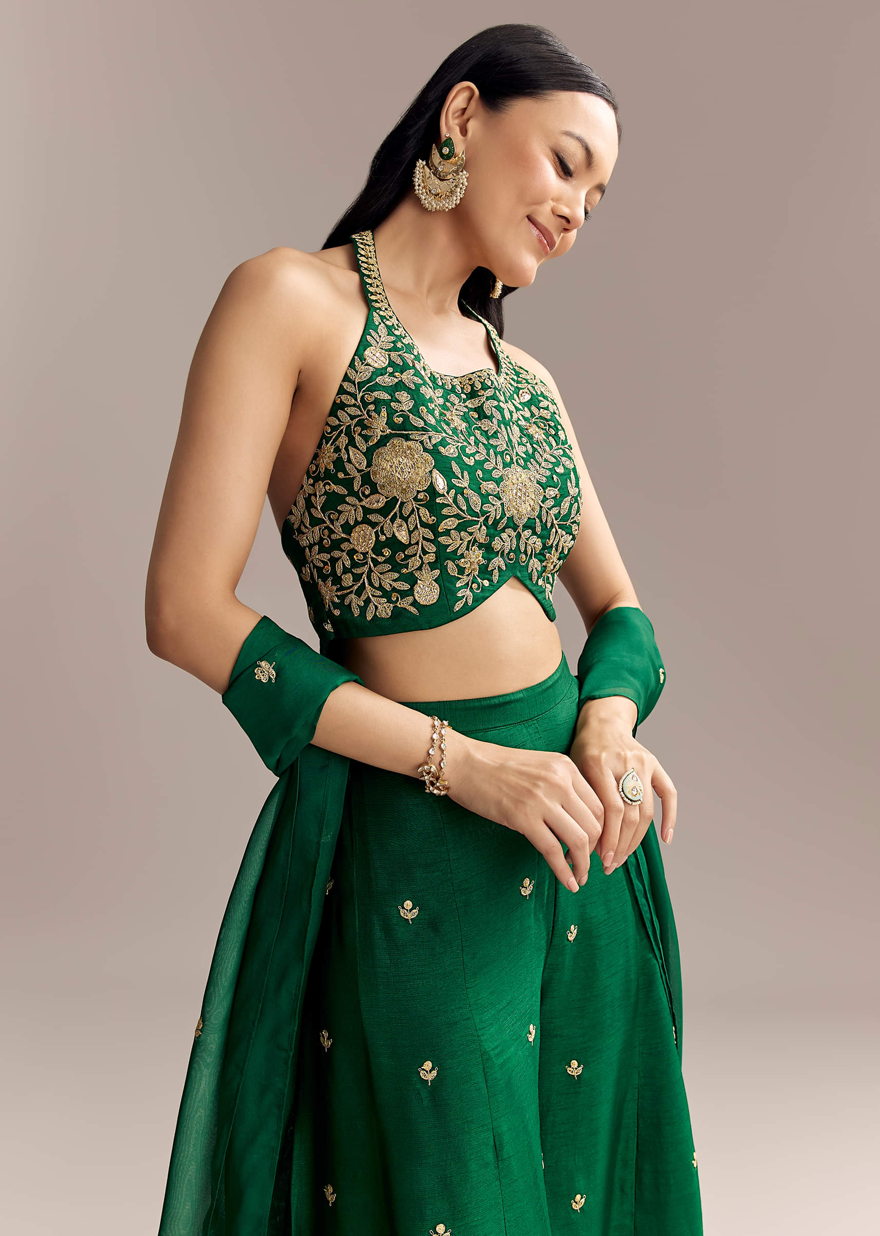 Emerald Green Silk Crop Top And Palazzo Set With Zari Work - Image 4