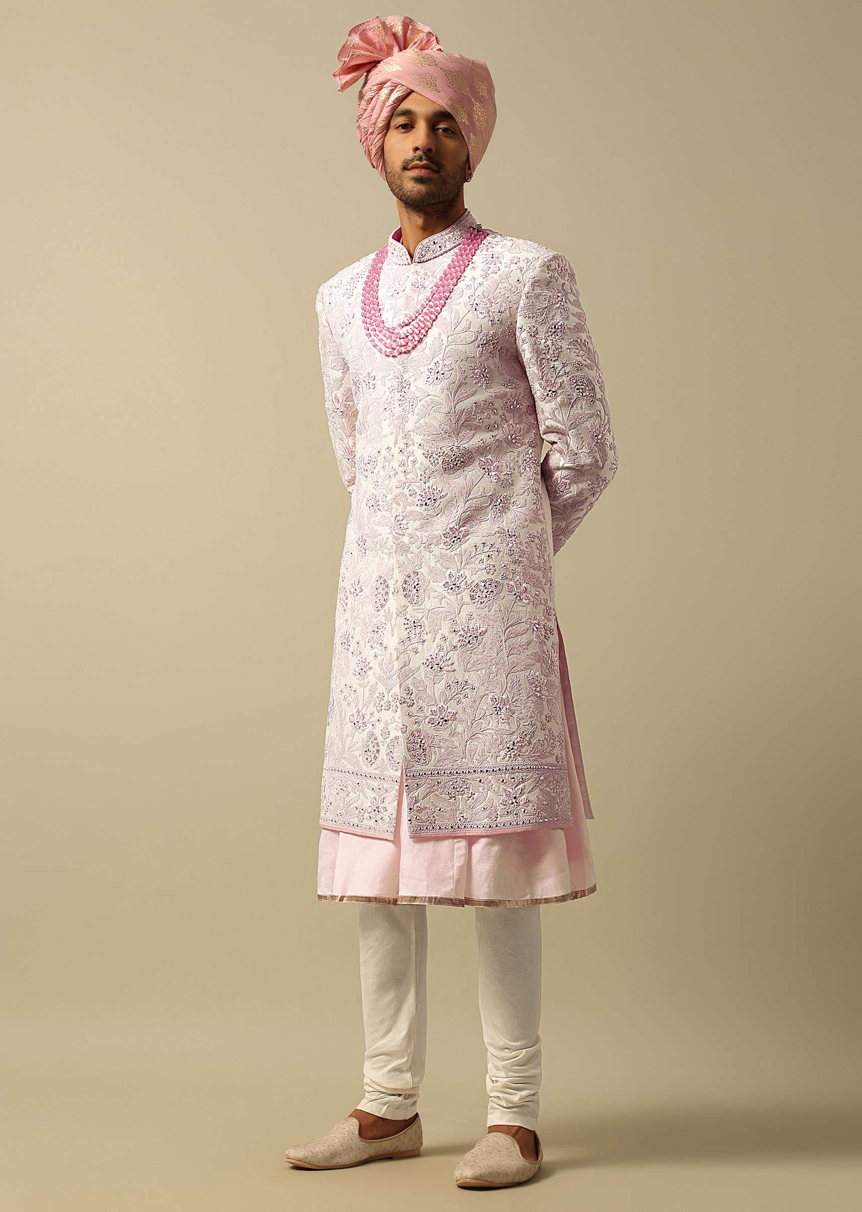Exquisite Pink Raw Silk Sherwani - Image 4