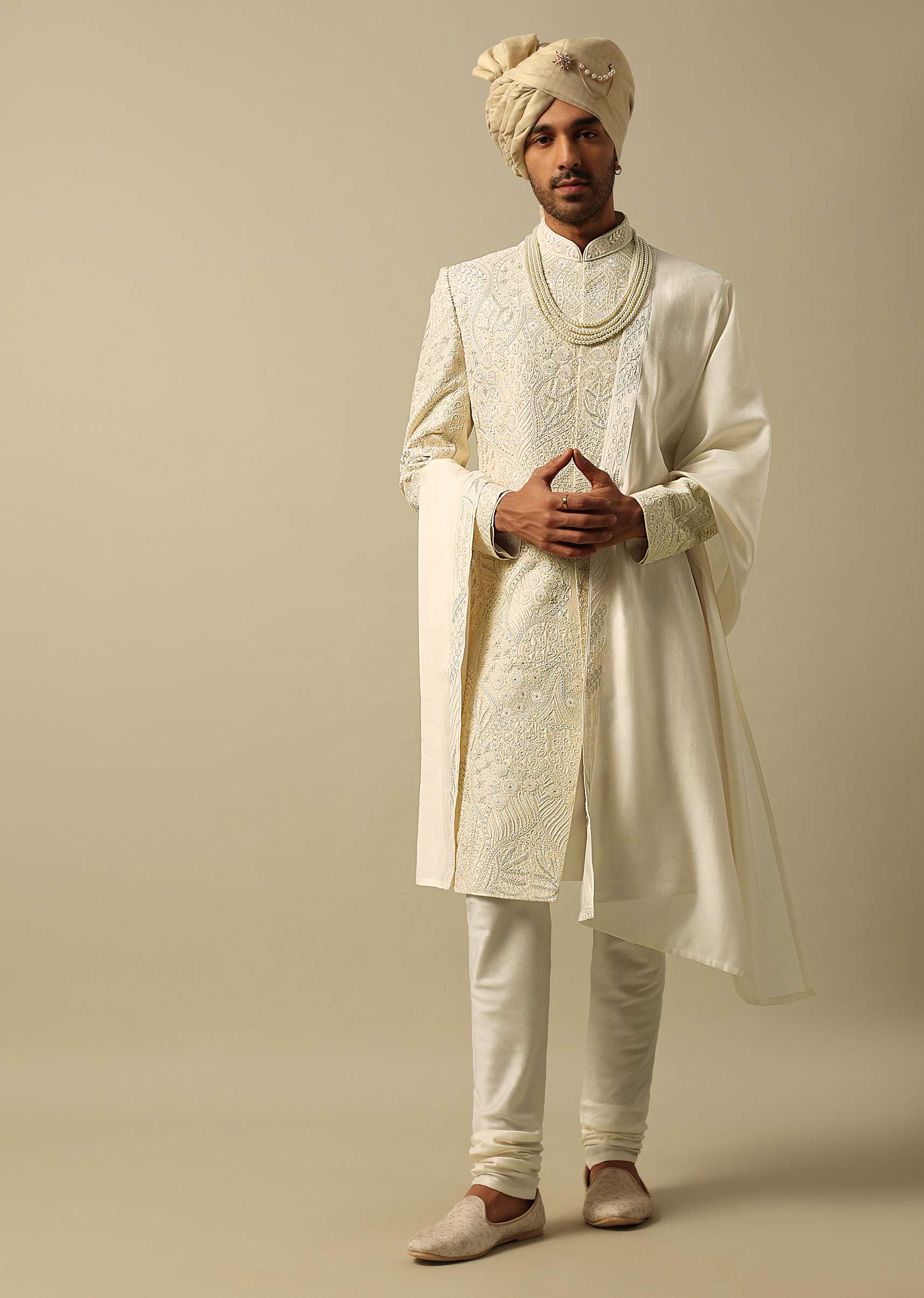Exquisite White Raw Silk Sherwani Set - Image 2