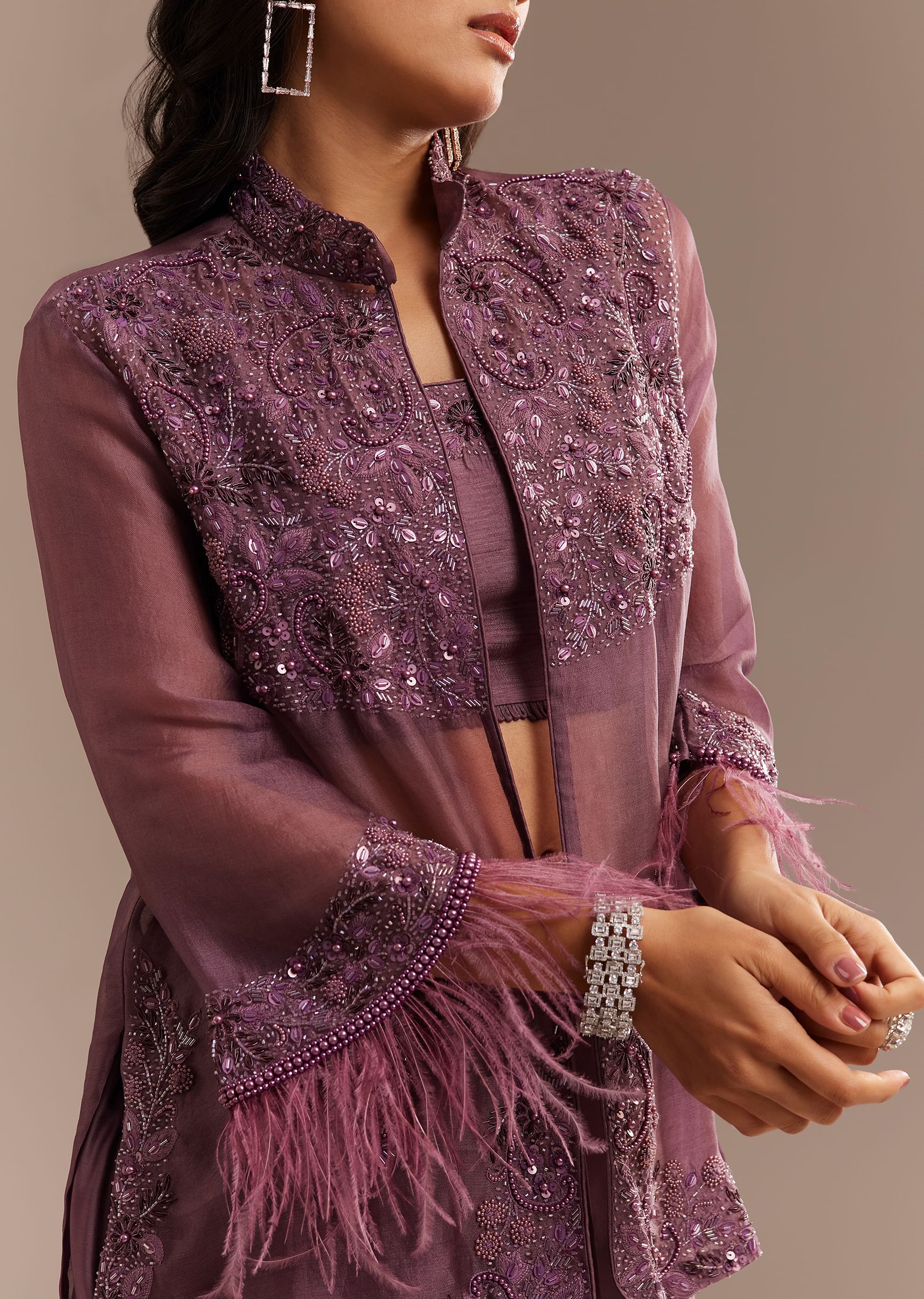 Faded Wine Sequined Jacket Draped Skirt Set - Image 2