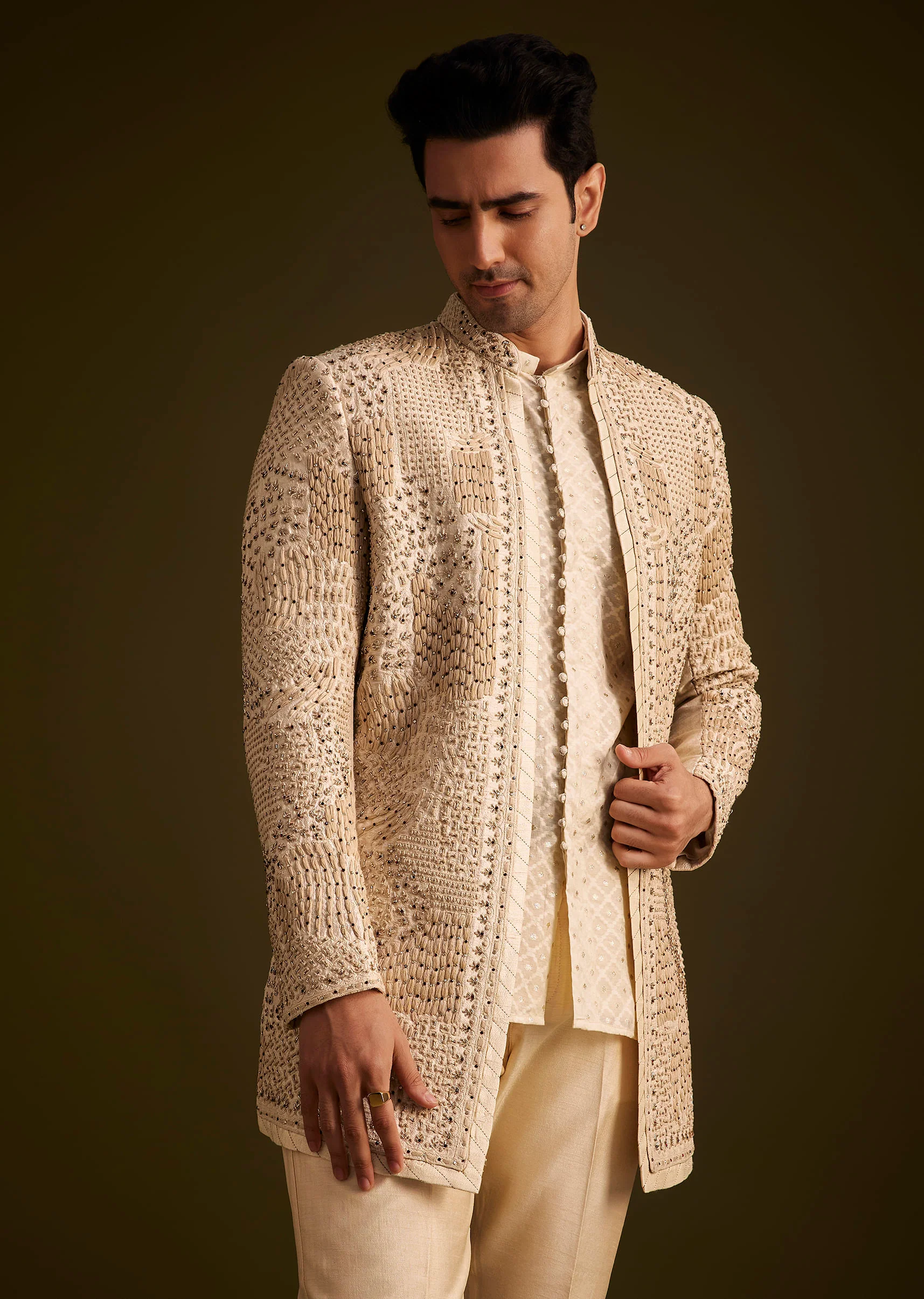 Faun Hand Embroidered Sherwani With Tonal Mirror and Sequin Detailing - Image 4
