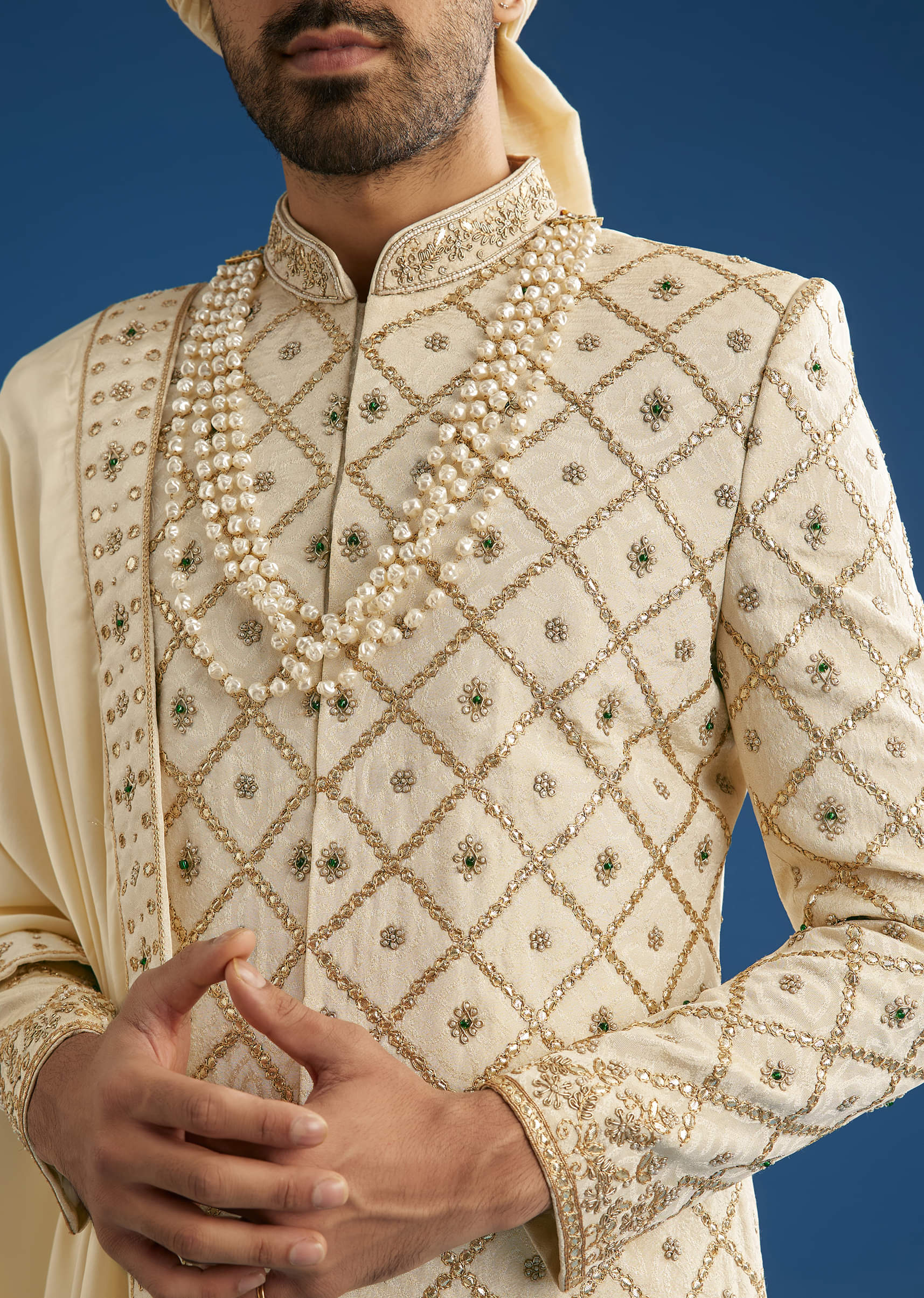 Faun Silk Groom Sherwani Set With Gota And Zardosi Work - Image 4
