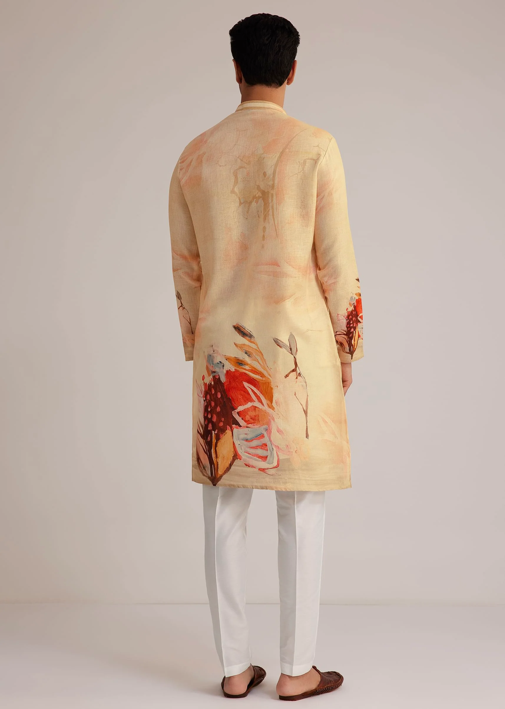 Fawn Linen Kurta Set With Butterfly Inspired Abstract Print - Image 5