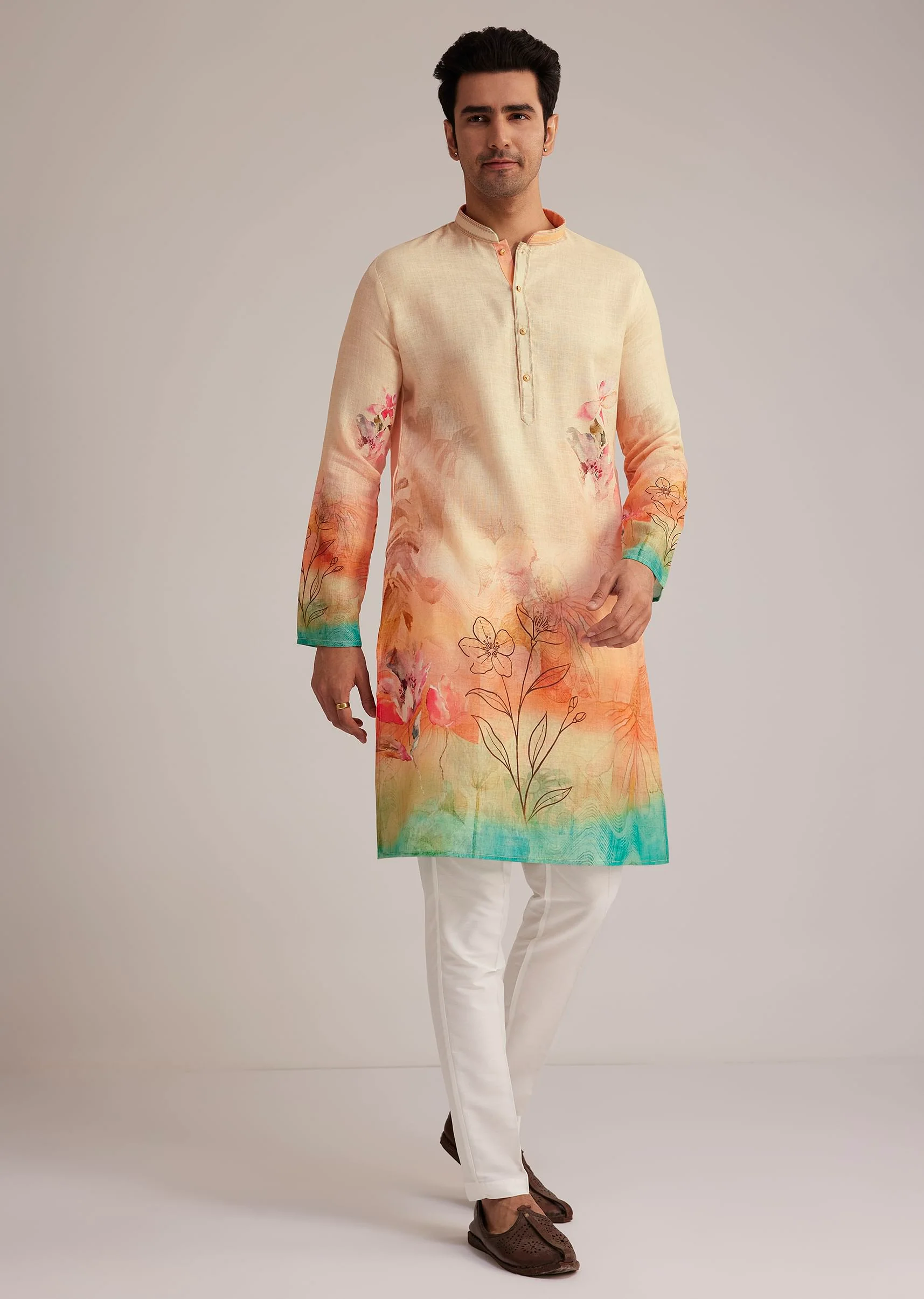 Fawn Linen Ombre Kurta Set With Floral Print - Image 2