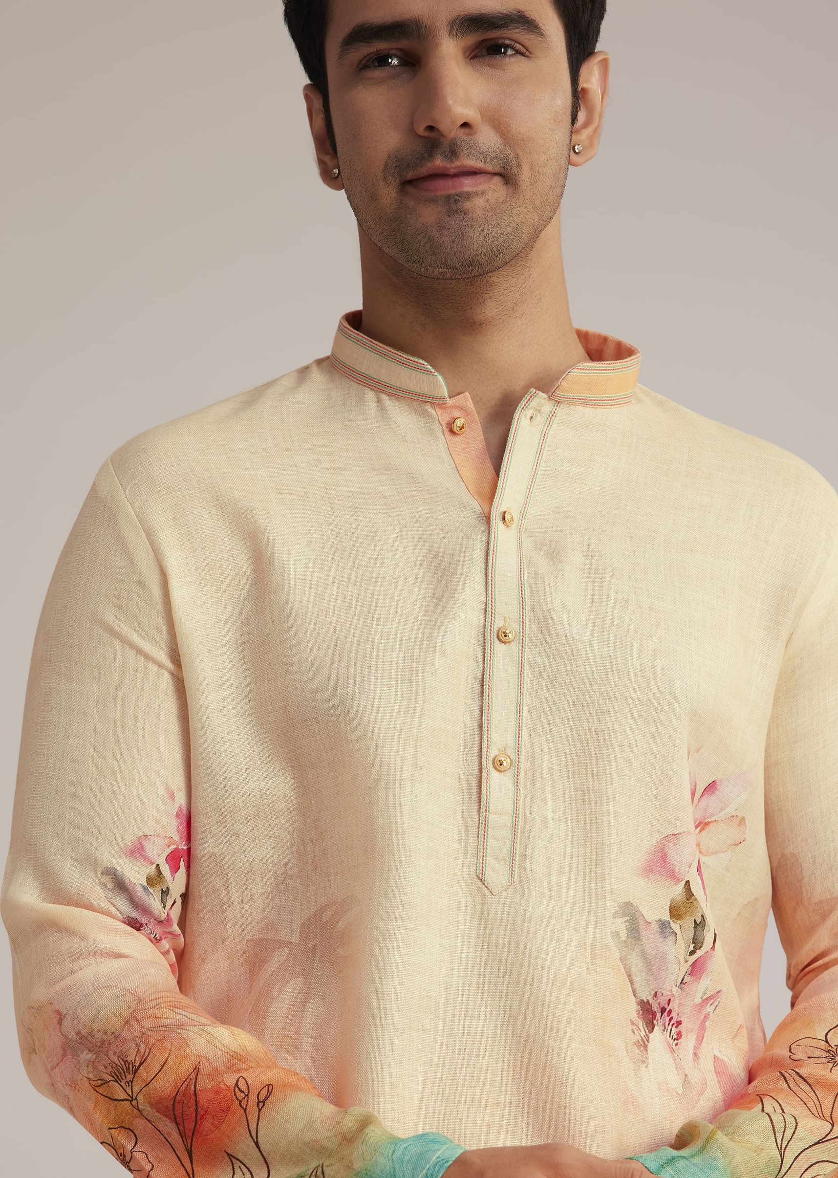 Fawn Linen Ombre Kurta Set With Floral Print - Image 3