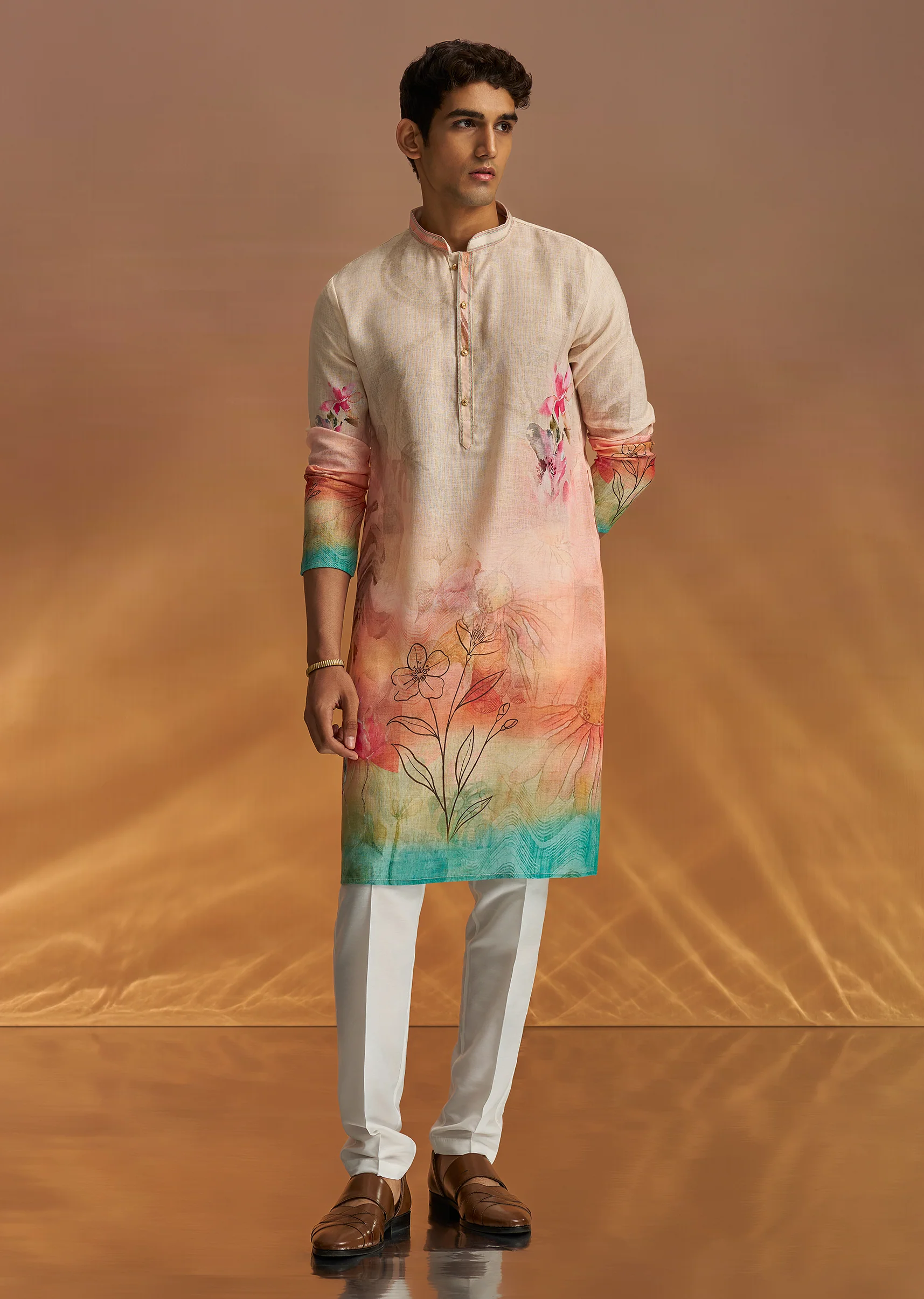 Fawn Linen Ombre Kurta Set With Floral Print - Image 8