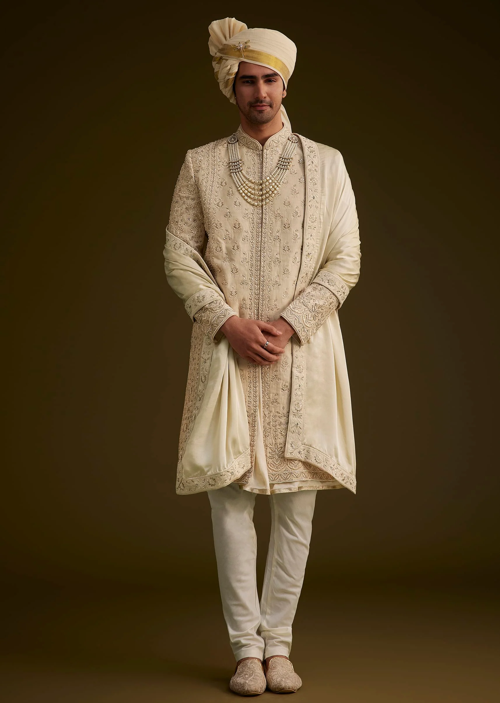 Fawn Raw Silk Sherwani Set With Zardosi Embroidery