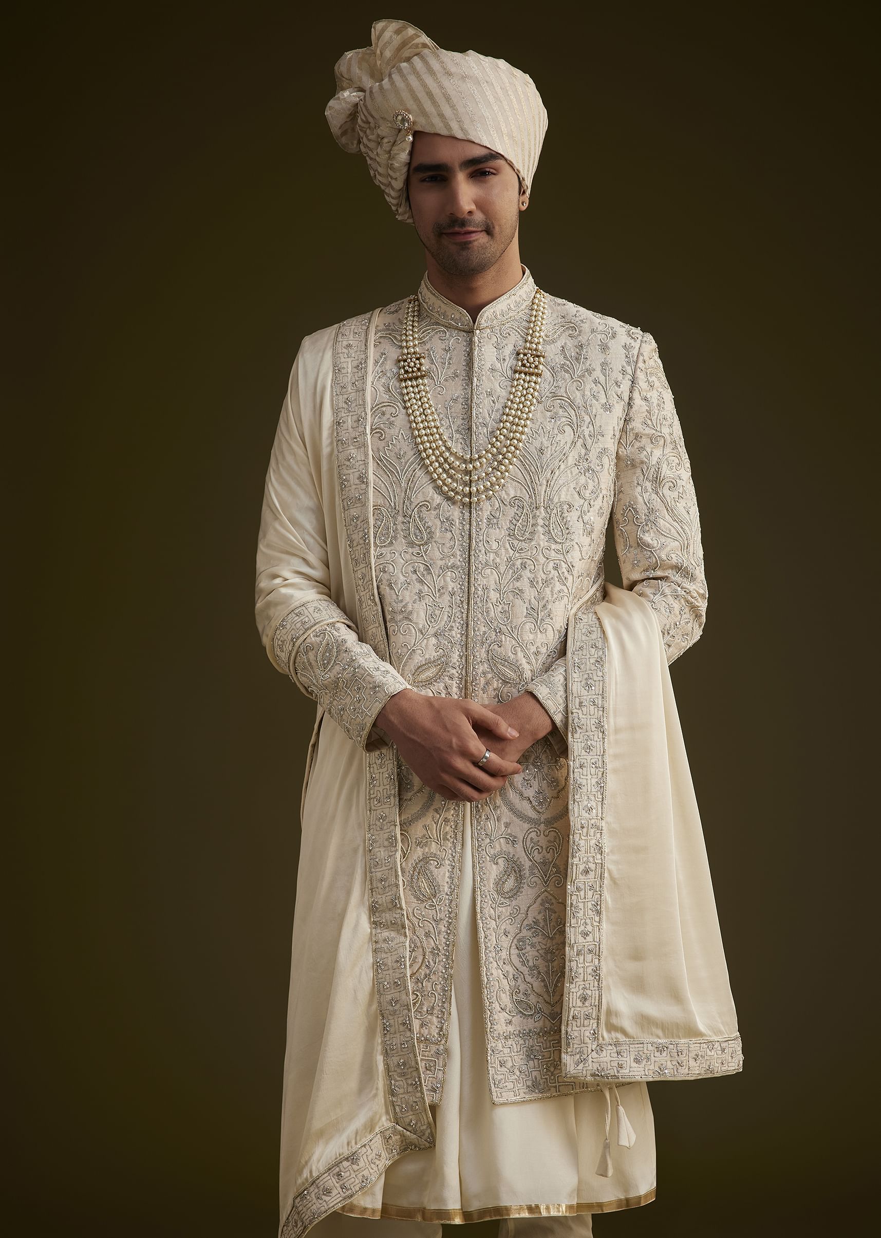 Fawn Silk Sherwani Set With Zardosi Detailing - Image 3