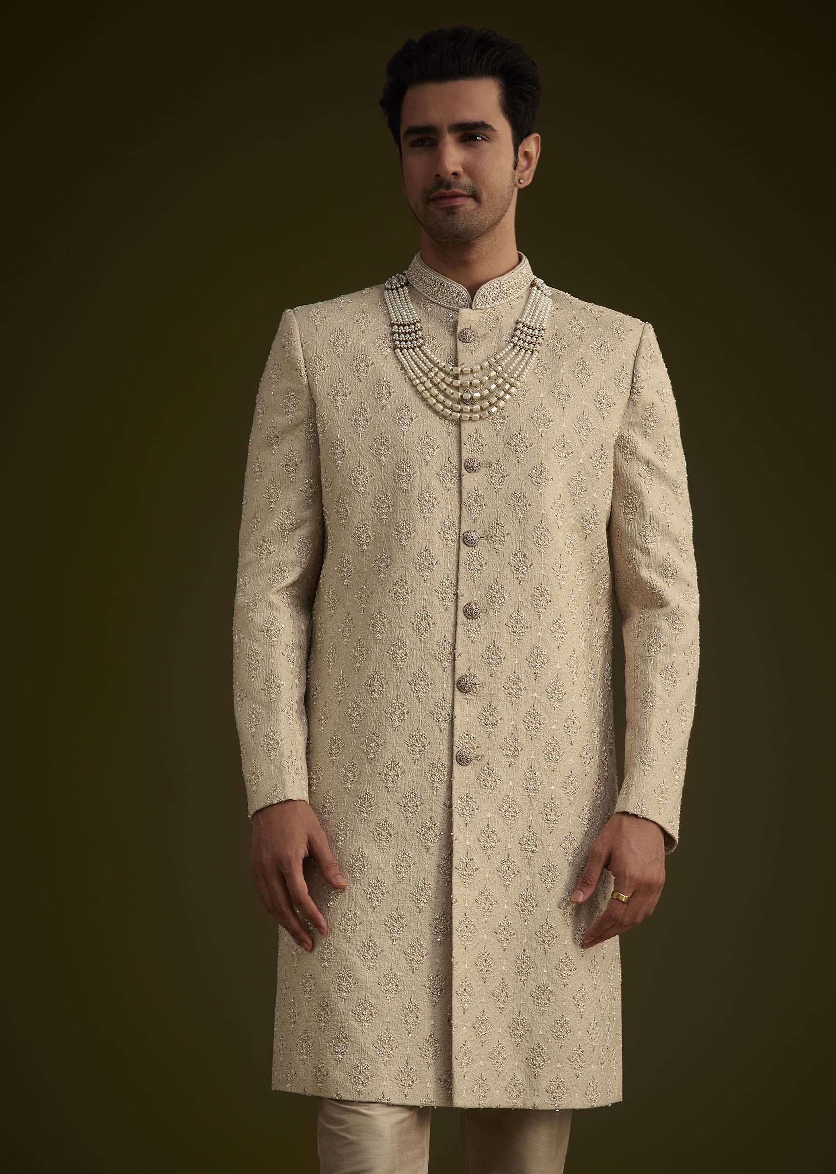 Fawn Silk Sherwani Set With Zardosi Embroidery - Image 4