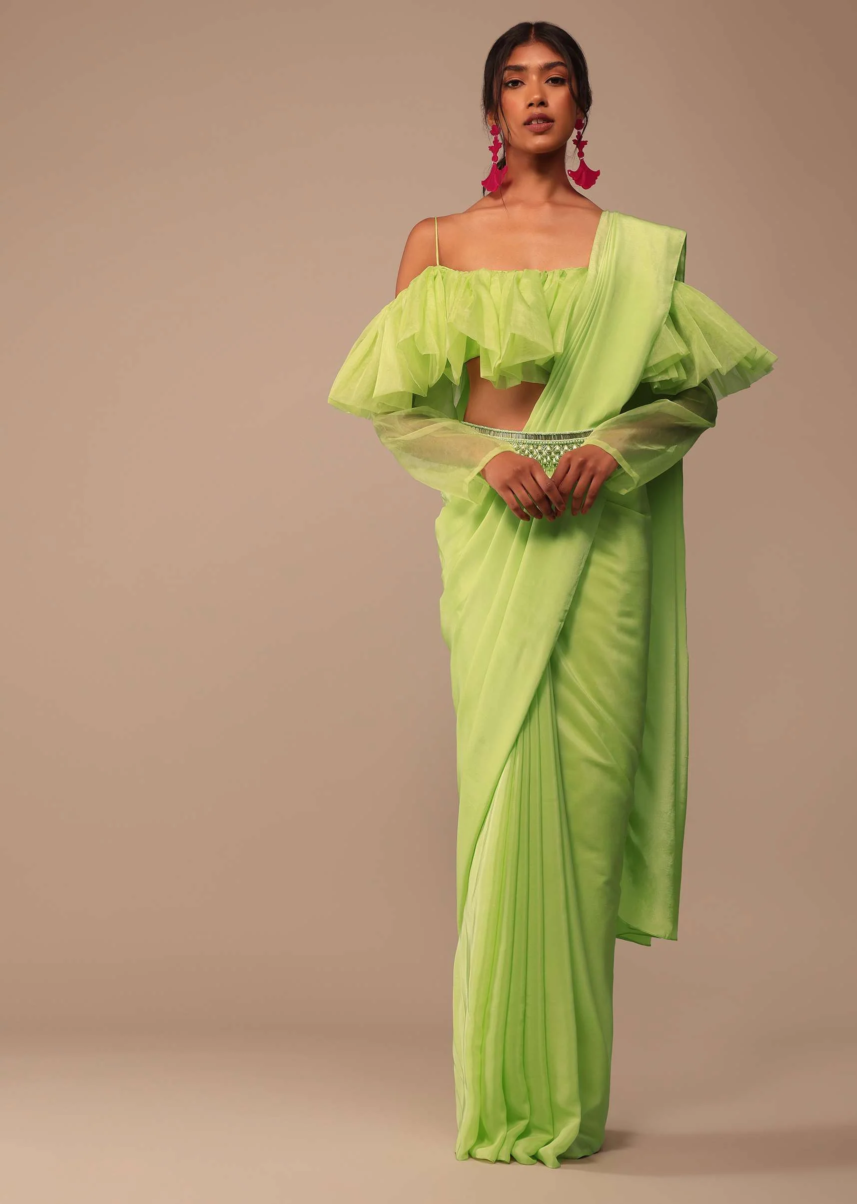 Fern Green Crepe Saree With Organza Frilled Blouse - Image 6