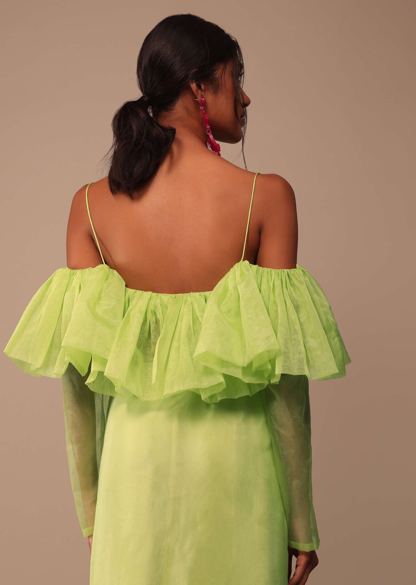 Fern Green Crepe Saree With Organza Frilled Blouse - Image 8