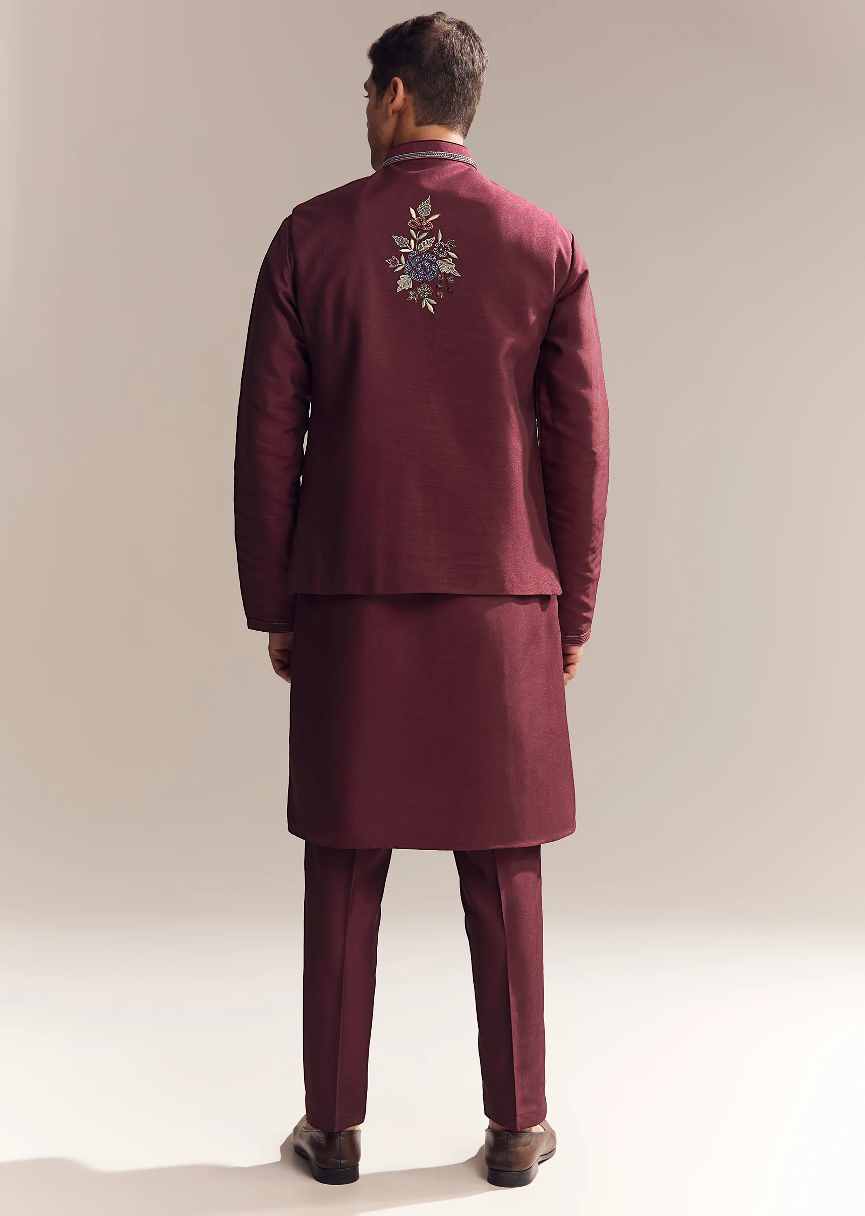 Festive Couple Set – Wine Tissue Organza Embroidered Saree For Her And Red Silk Kurta Jacket Set With Resham Embroidery For Him - Image 13
