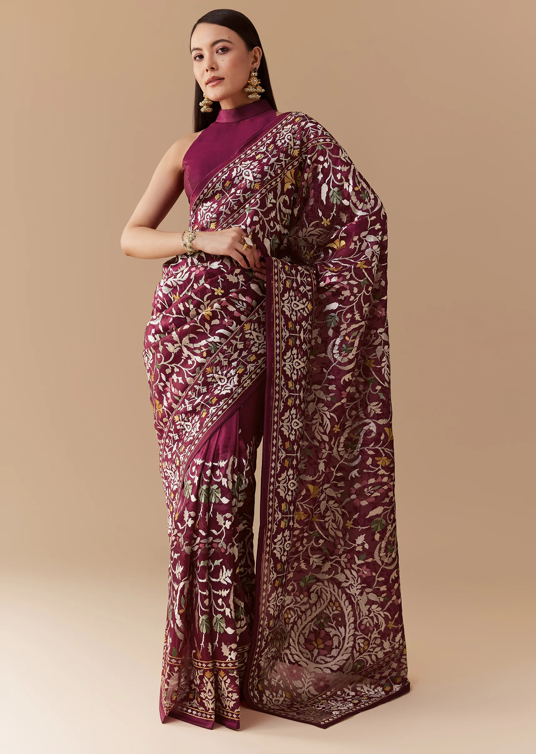 Festive Couple Set – Wine Tissue Organza Embroidered Saree For Her And Red Silk Kurta Jacket Set With Resham Embroidery For Him - Image 3