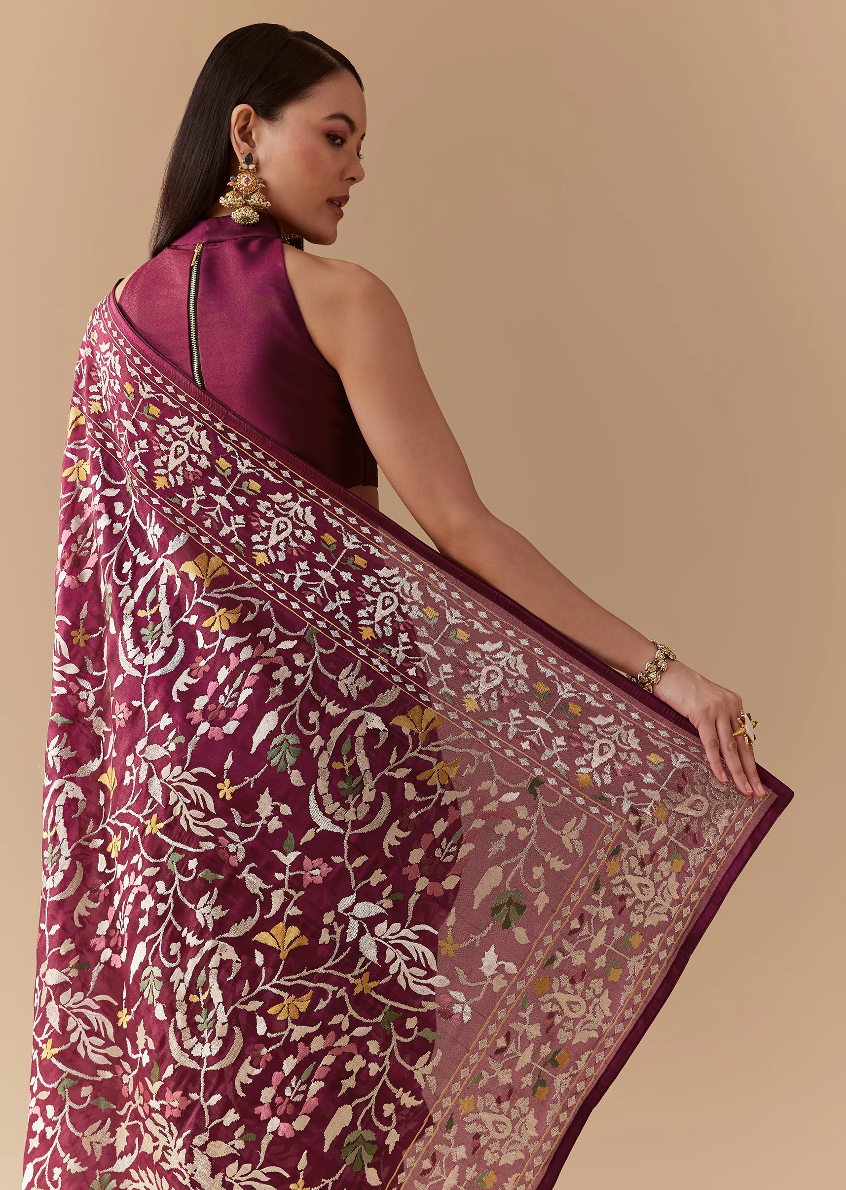 Festive Couple Set – Wine Tissue Organza Embroidered Saree For Her And Red Silk Kurta Jacket Set With Resham Embroidery For Him - Image 6