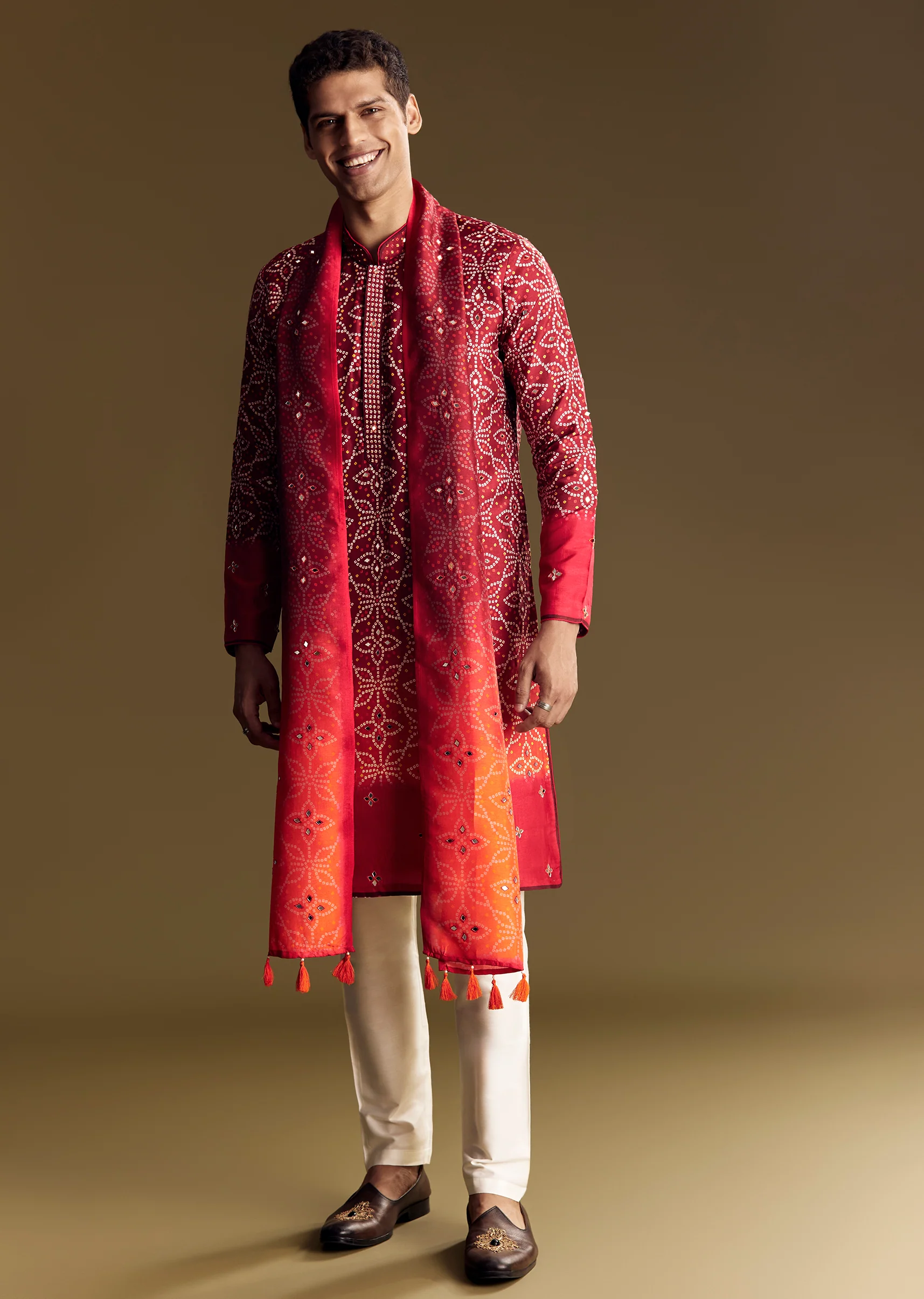 Fiery Festive Couple Set – Orange And Red Chinon Saree With Sequin And Bead Embroidery For Her And Red Ombre Kurta Set With Mirror Work For Him - Image 11