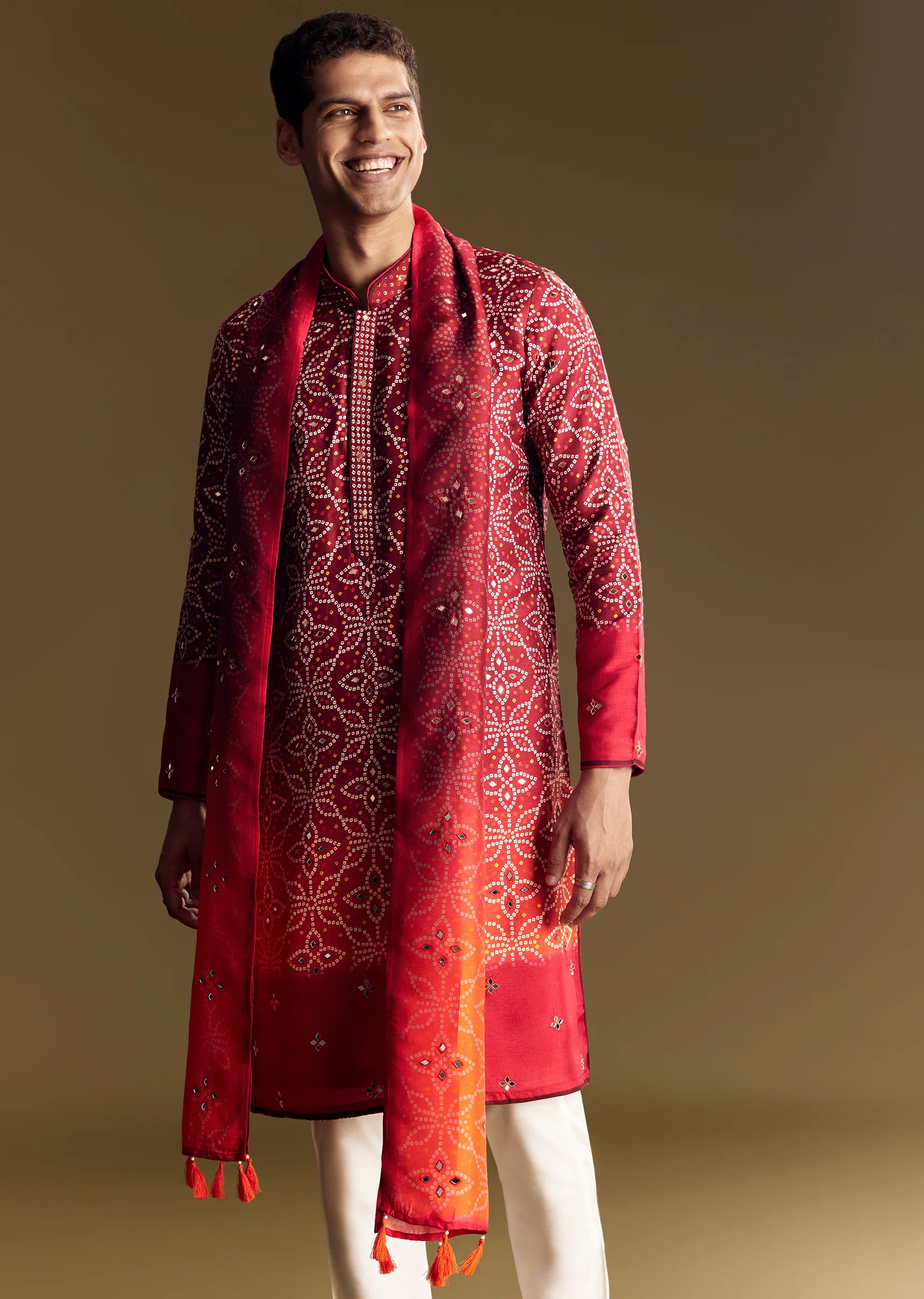 Fiery Festive Couple Set – Orange And Red Chinon Saree With Sequin And Bead Embroidery For Her And Red Ombre Kurta Set With Mirror Work For Him - Image 13