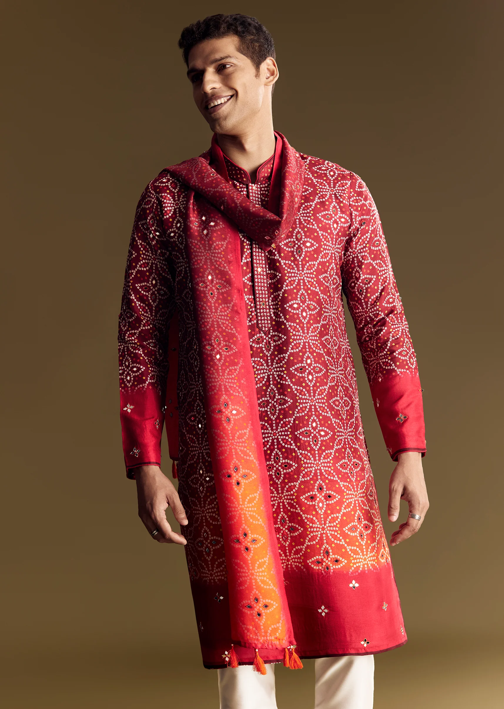 Fiery Festive Couple Set – Orange And Red Chinon Saree With Sequin And Bead Embroidery For Her And Red Ombre Kurta Set With Mirror Work For Him - Image 14
