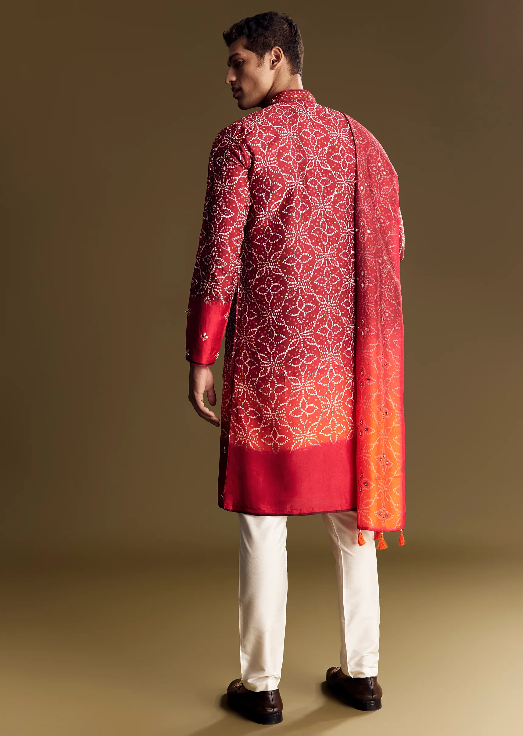 Fiery Festive Couple Set – Orange And Red Chinon Saree With Sequin And Bead Embroidery For Her And Red Ombre Kurta Set With Mirror Work For Him - Image 16