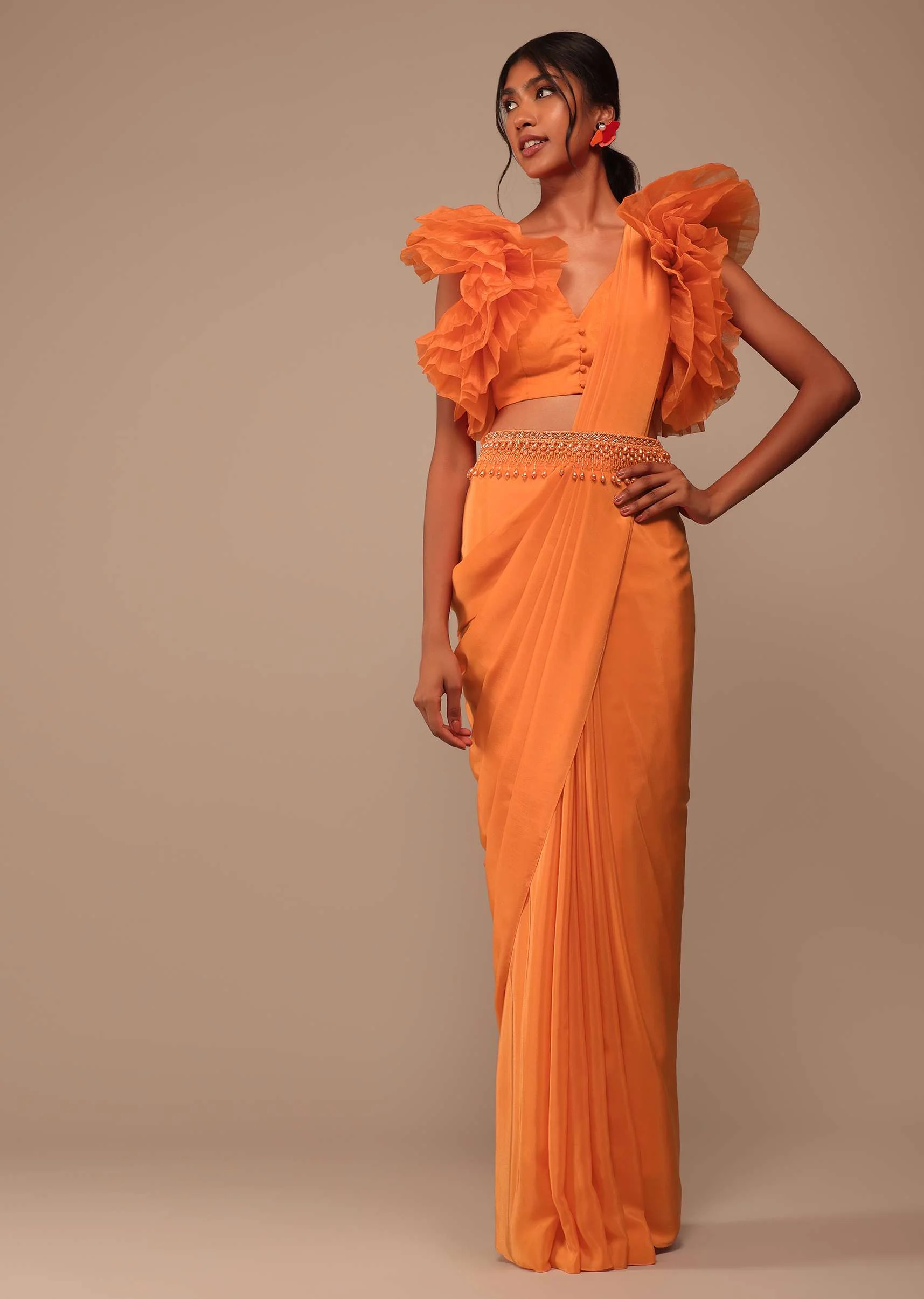 Fire Orange Crepe Indo-western Saree With Pearl Embroidered Belt - Image 3