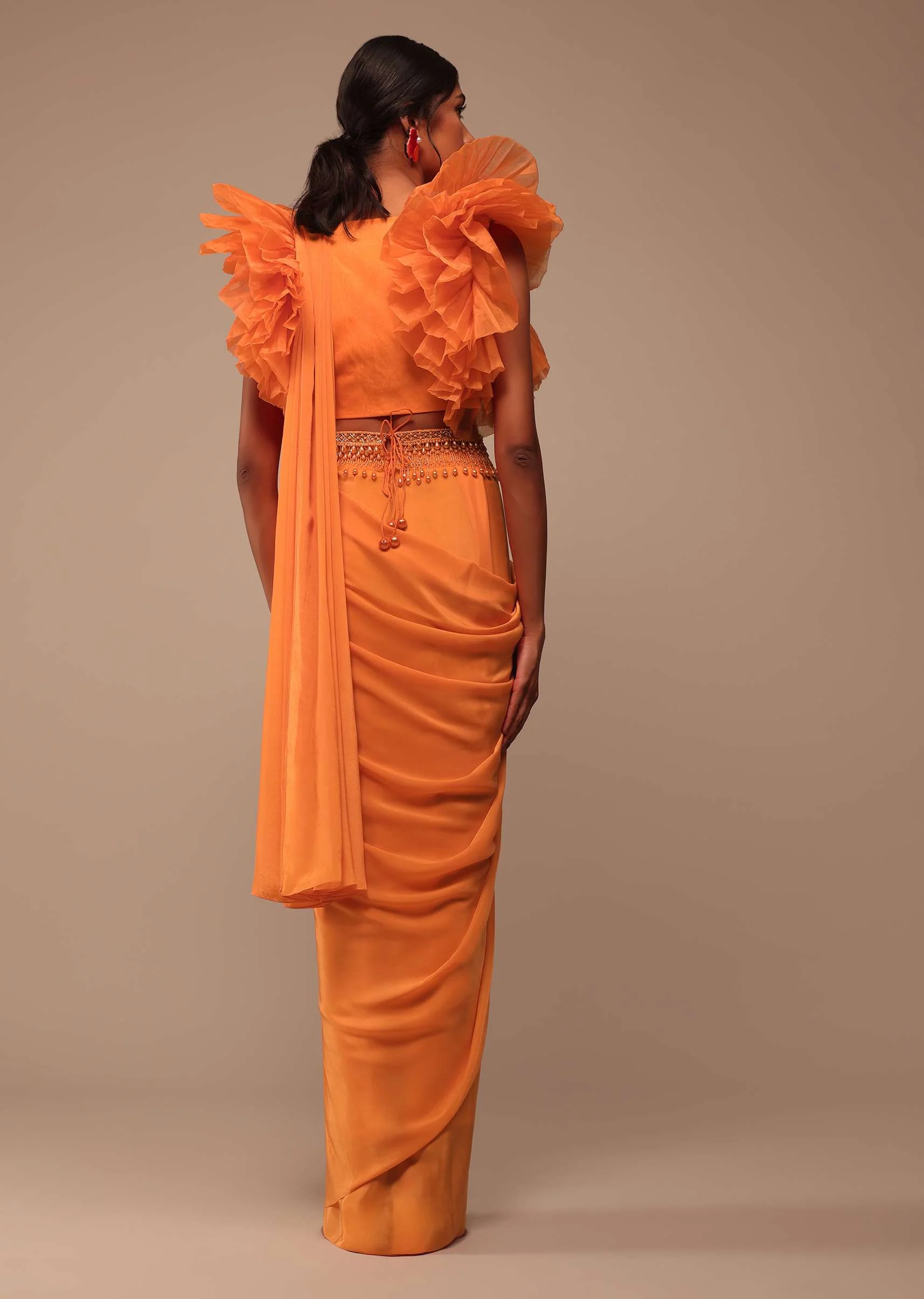 Fire Orange Crepe Indo-western Saree With Pearl Embroidered Belt - Image 7