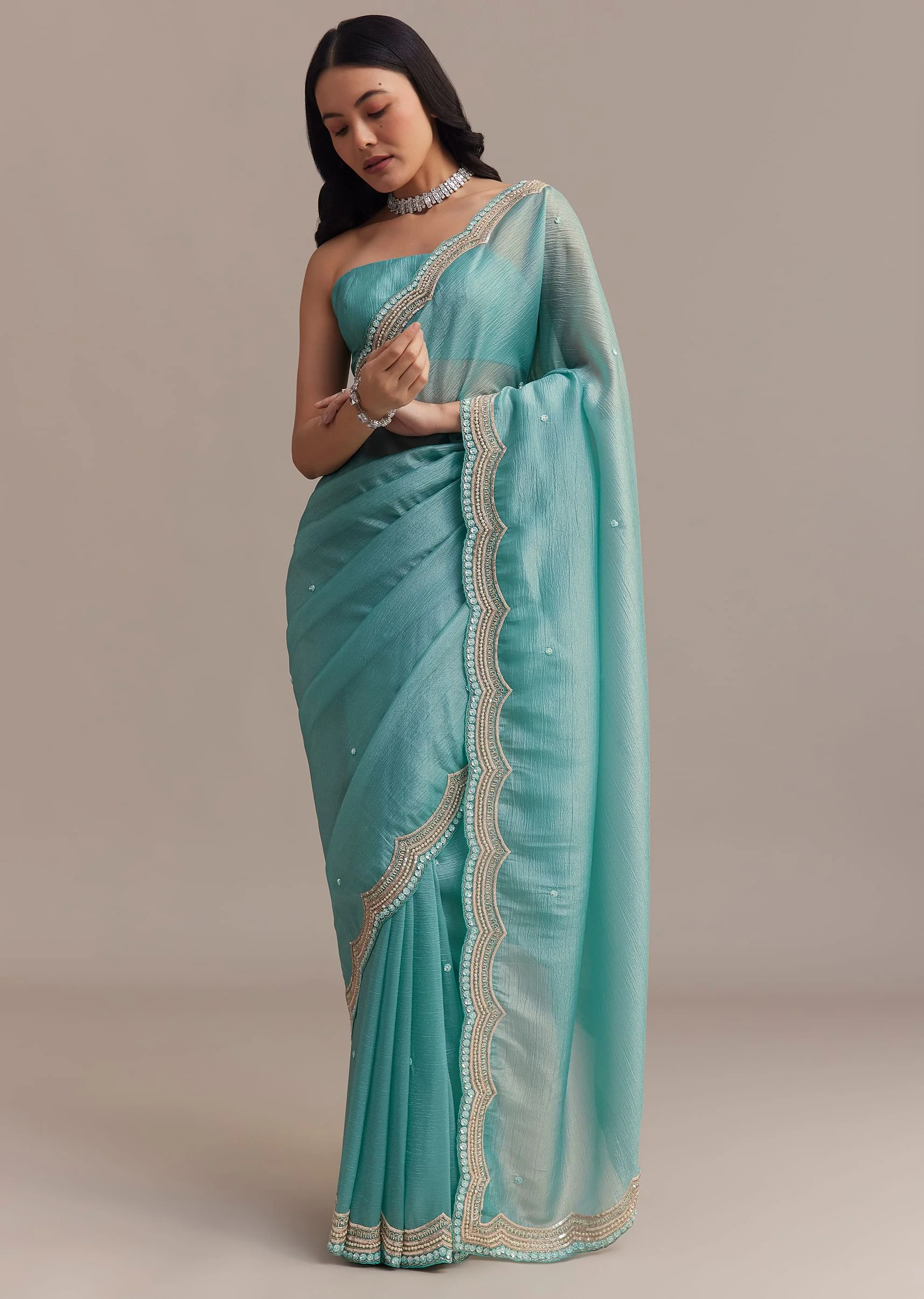 Firozi Blue Crushed Tissue Saree With Sequins Embellished Scallop Border