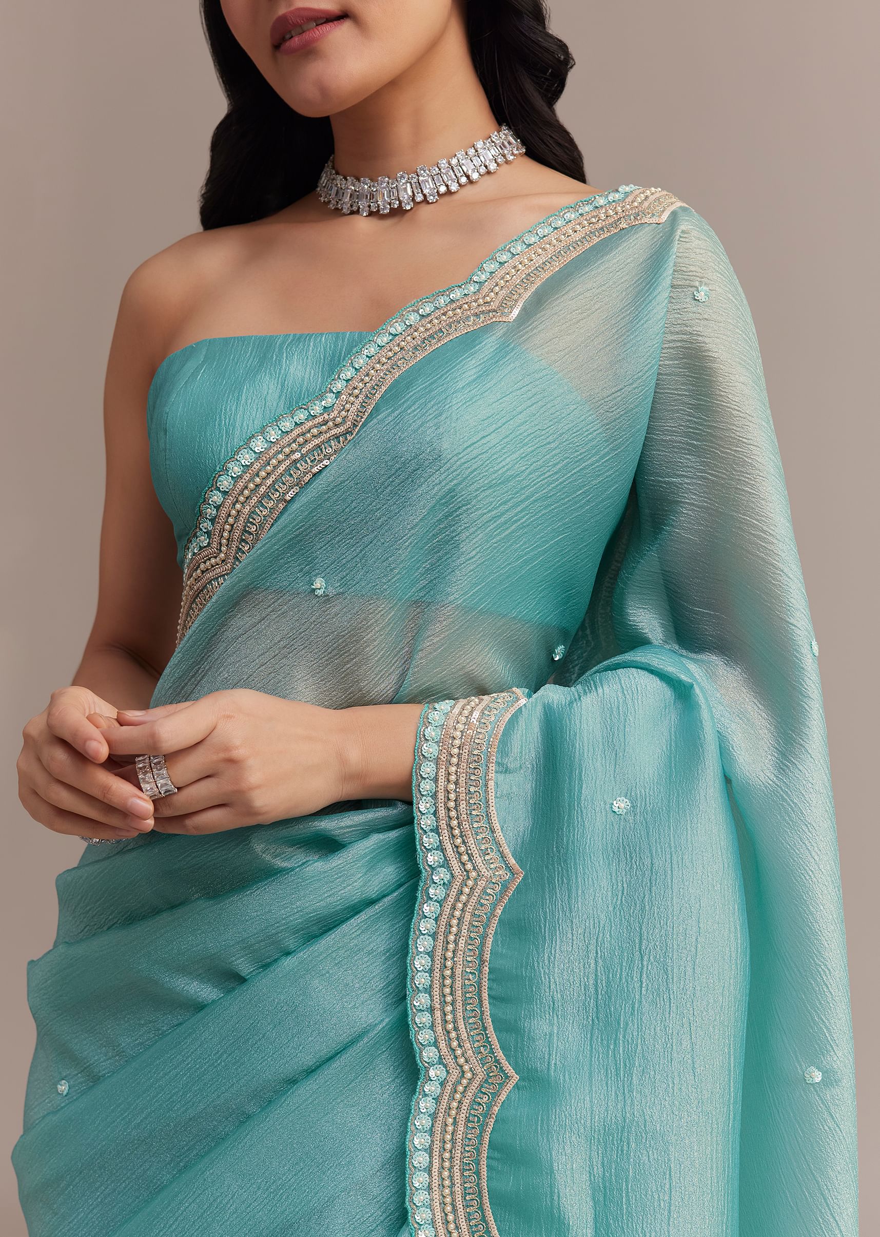 Firozi Blue Crushed Tissue Saree With Sequins Embellished Scallop Border - Image 2