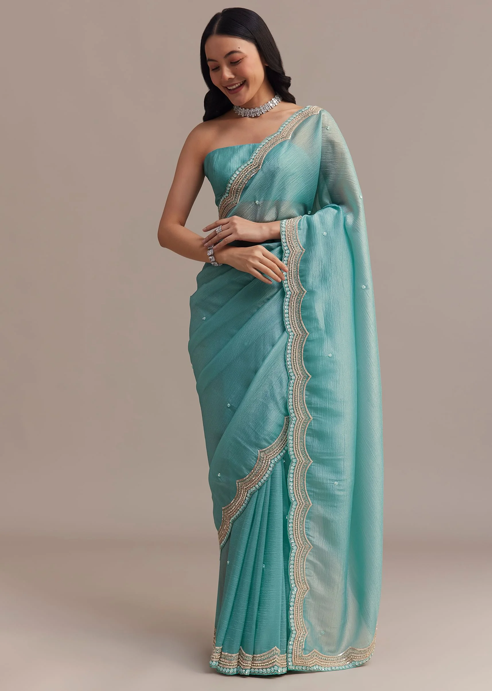Firozi Blue Crushed Tissue Saree With Sequins Embellished Scallop Border - Image 4