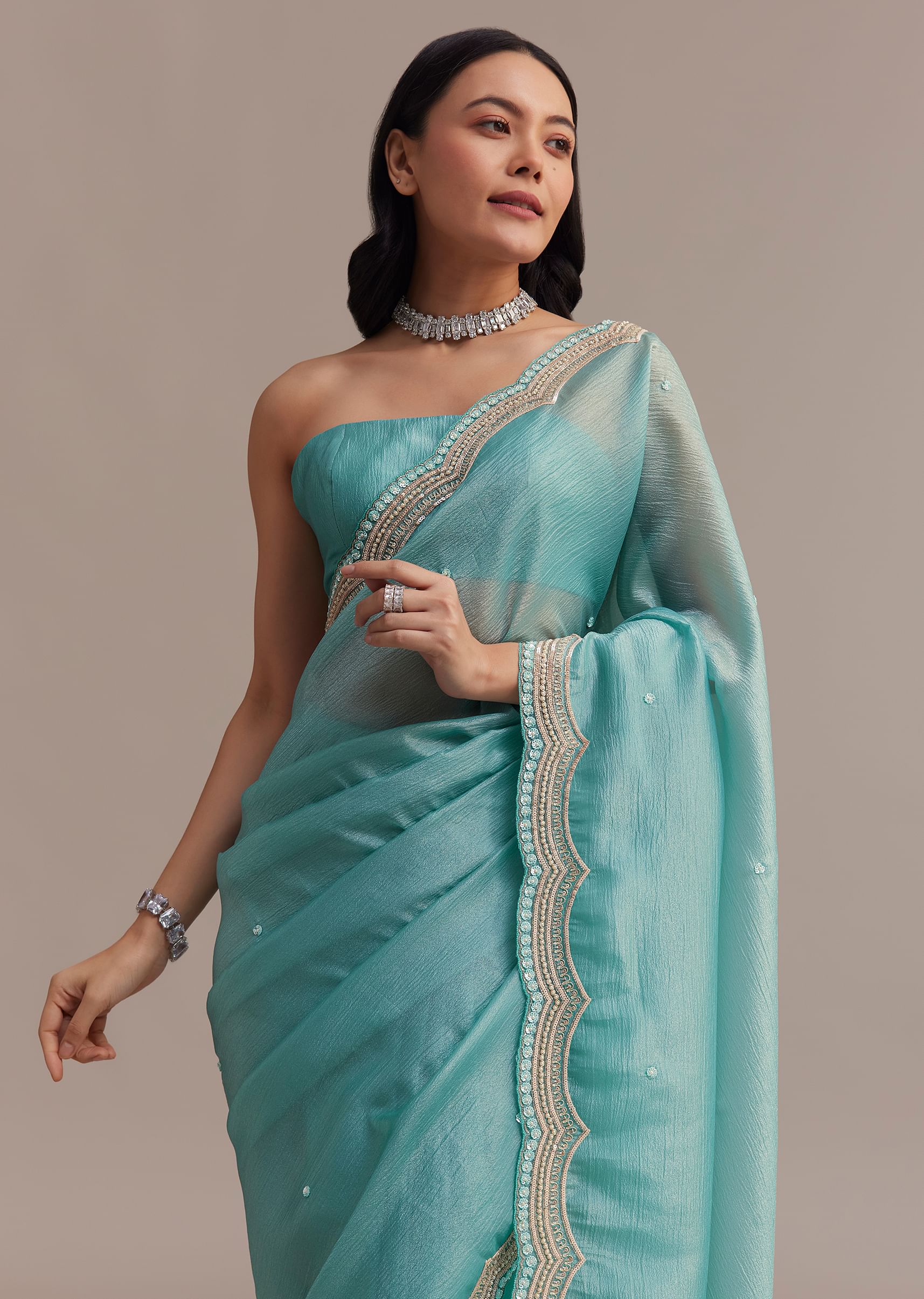 Firozi Blue Crushed Tissue Saree With Sequins Embellished Scallop Border - Image 5