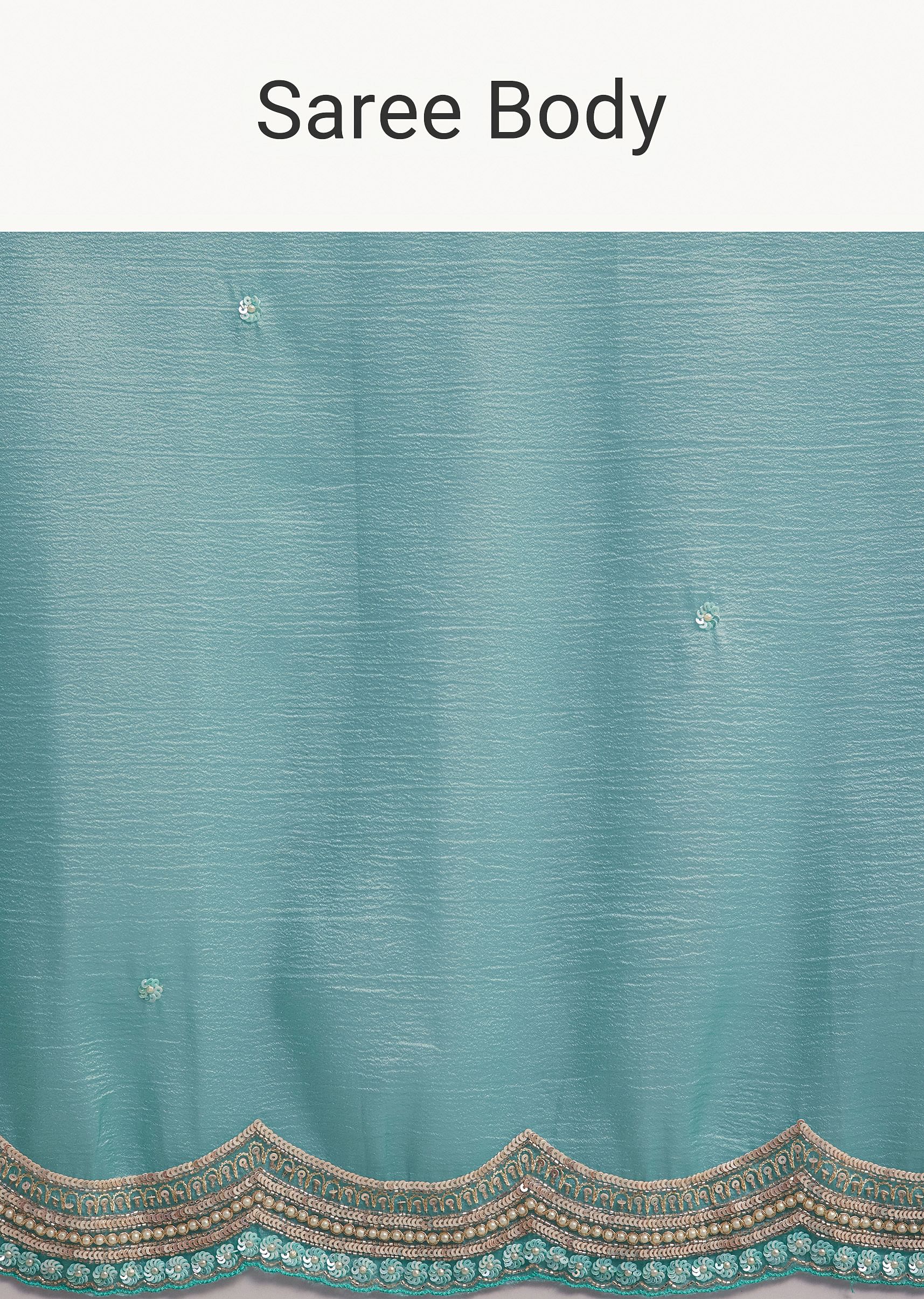 Firozi Blue Crushed Tissue Saree With Sequins Embellished Scallop Border - Image 9
