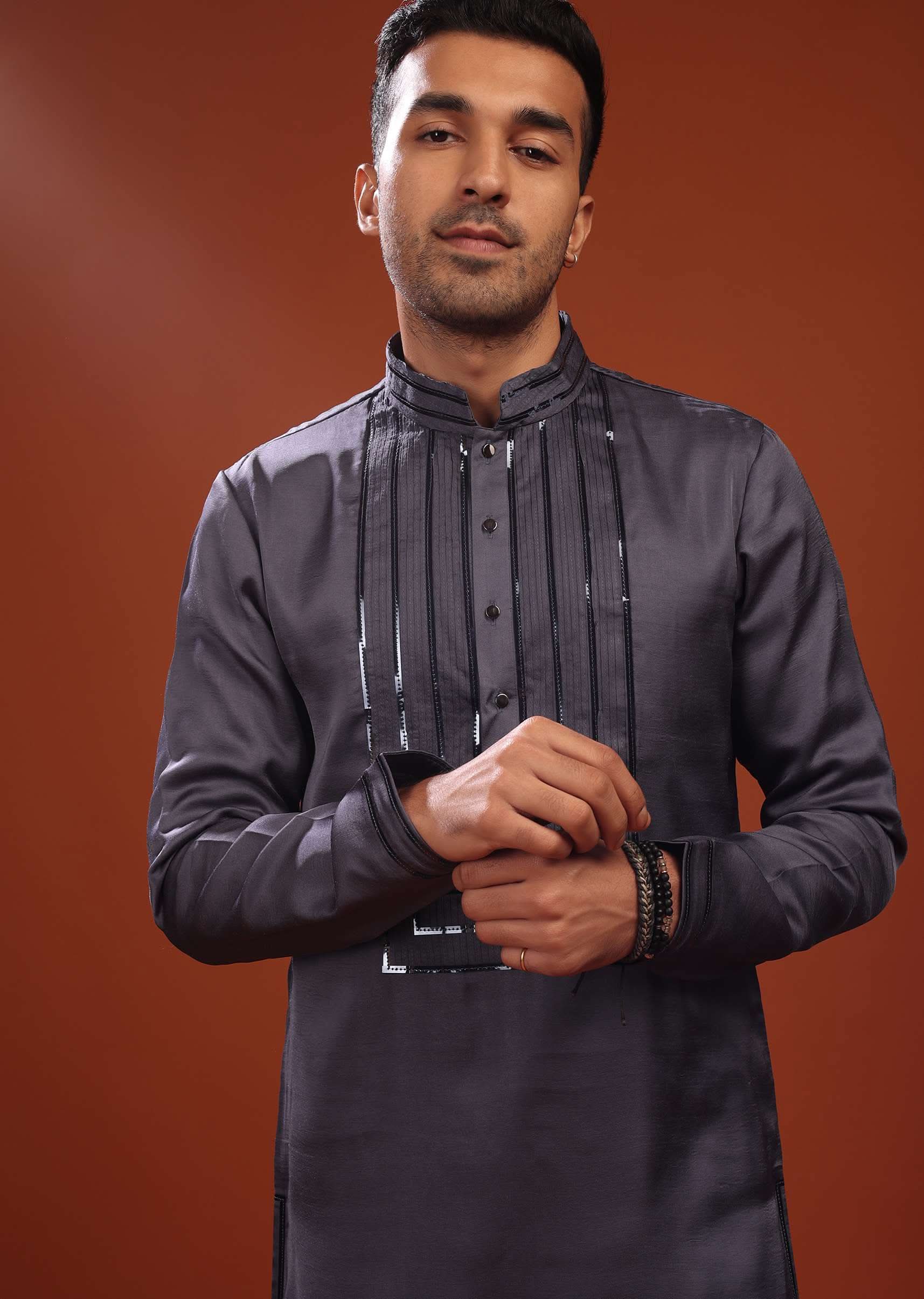 Fog Grey Festive Kurta In Mini Silk With A Cocktail Look - Image 4