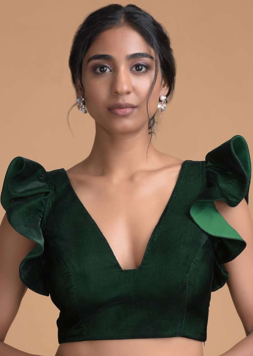Forest Green Blouse In Velvet With Trapeze Neck And Ruffle Sleeves