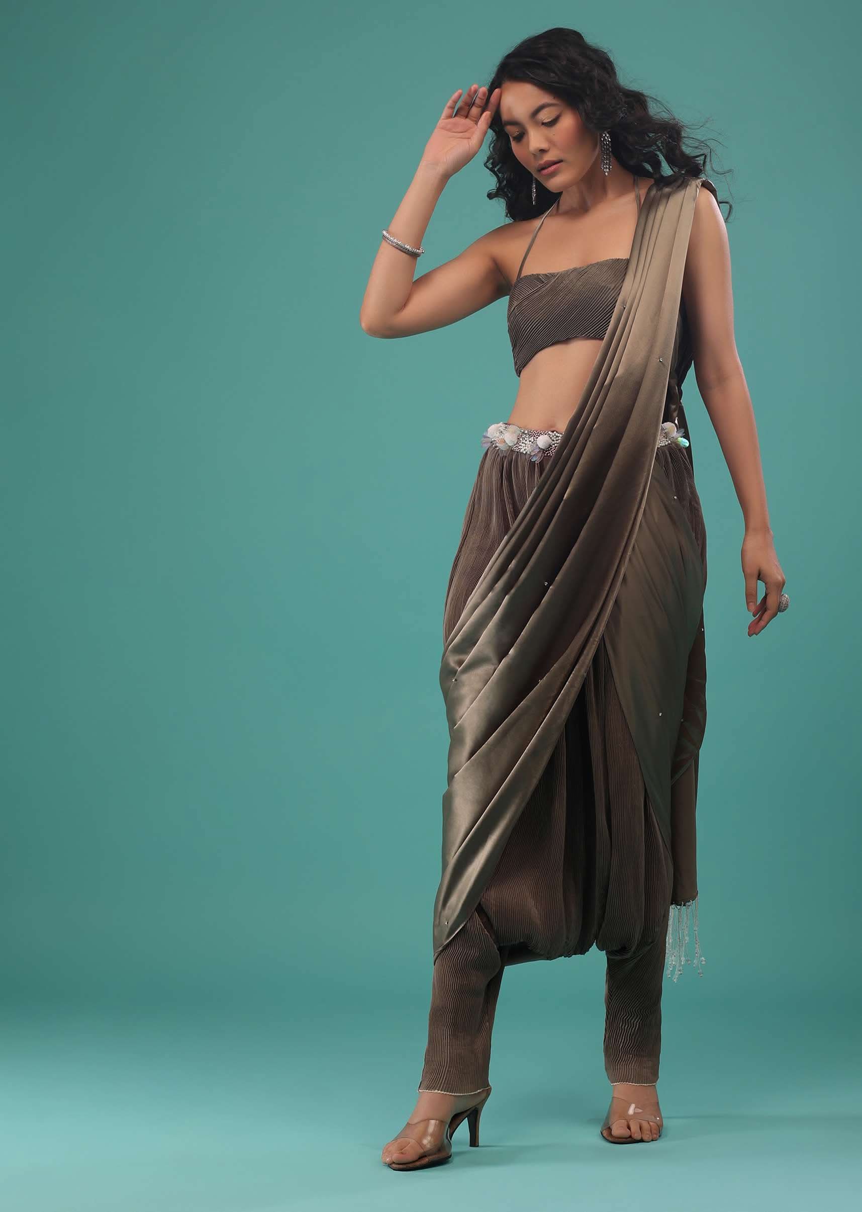 Fossil Brown Ready To Wear Dhoti Saree In Knitted Pleated Fabric - Image 4