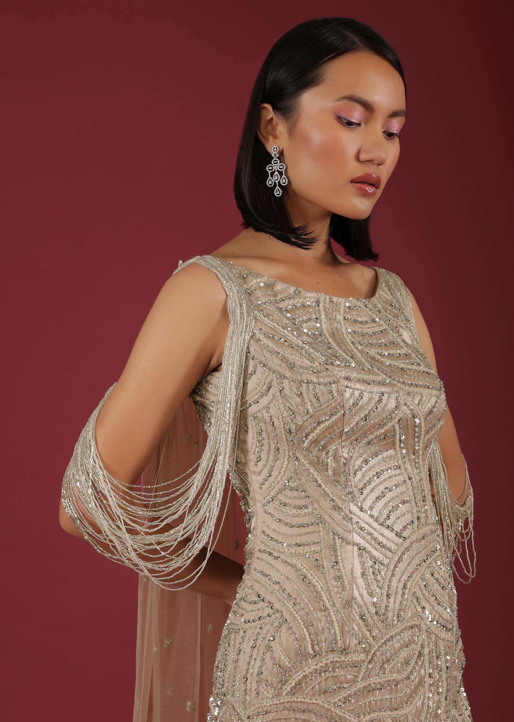 Frappe Mermaid Gown In Cut Dana Dangling Tassels On The Shoulder - Image 5
