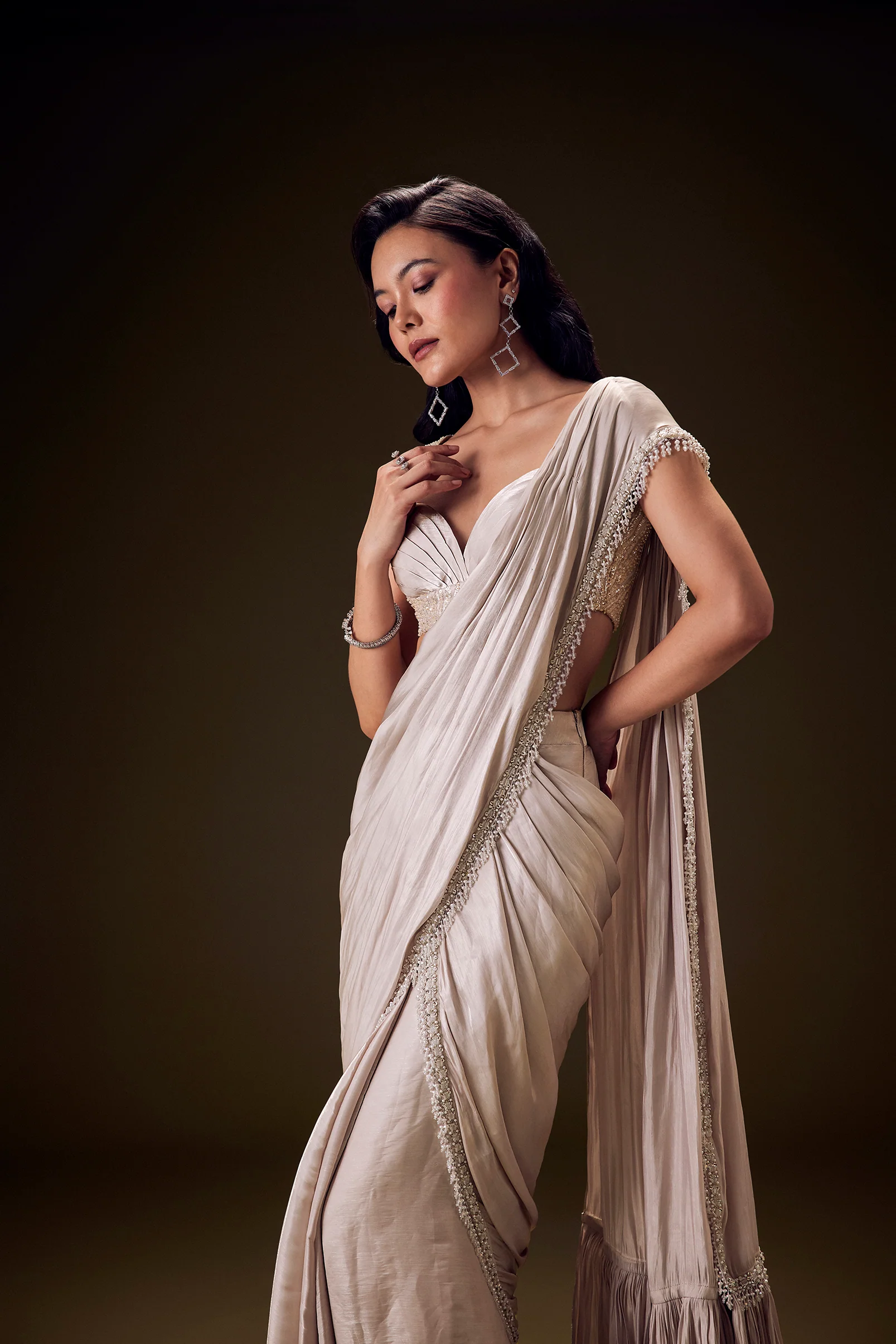 Frosted Ivory Satin Ruffled Ready Pleated Saree - Image 4