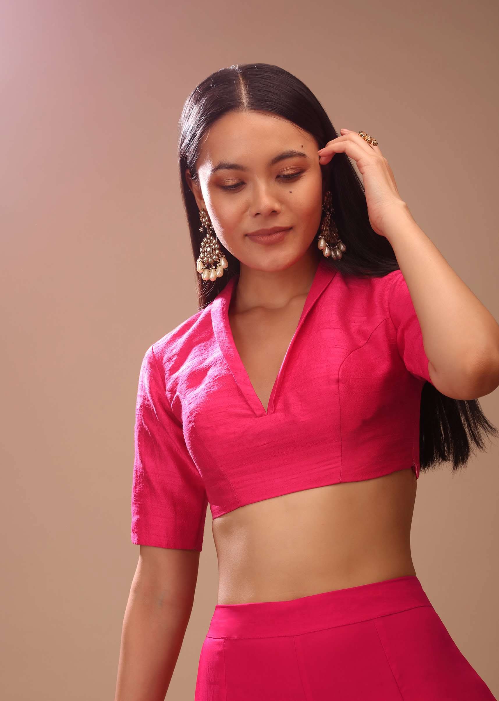 Fuchsia Pink Blouse In Raw Silk With Plunging Collar Neckline And Half Sleeves - Image 3