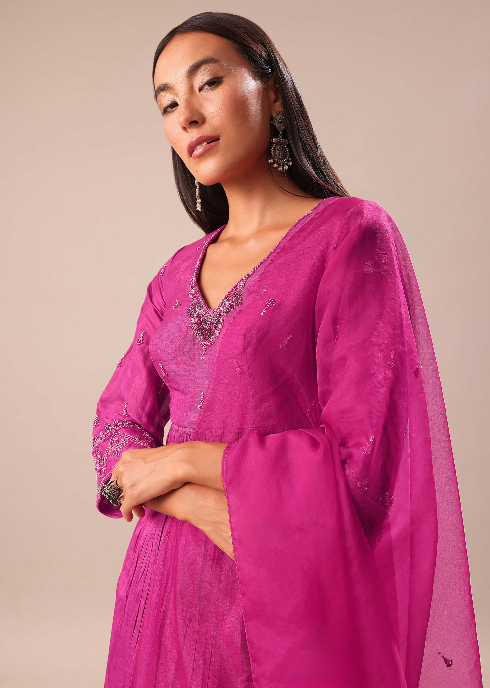 Fuchsia Pink Hand Embroidered Kurta Palazzo Set - Image 2
