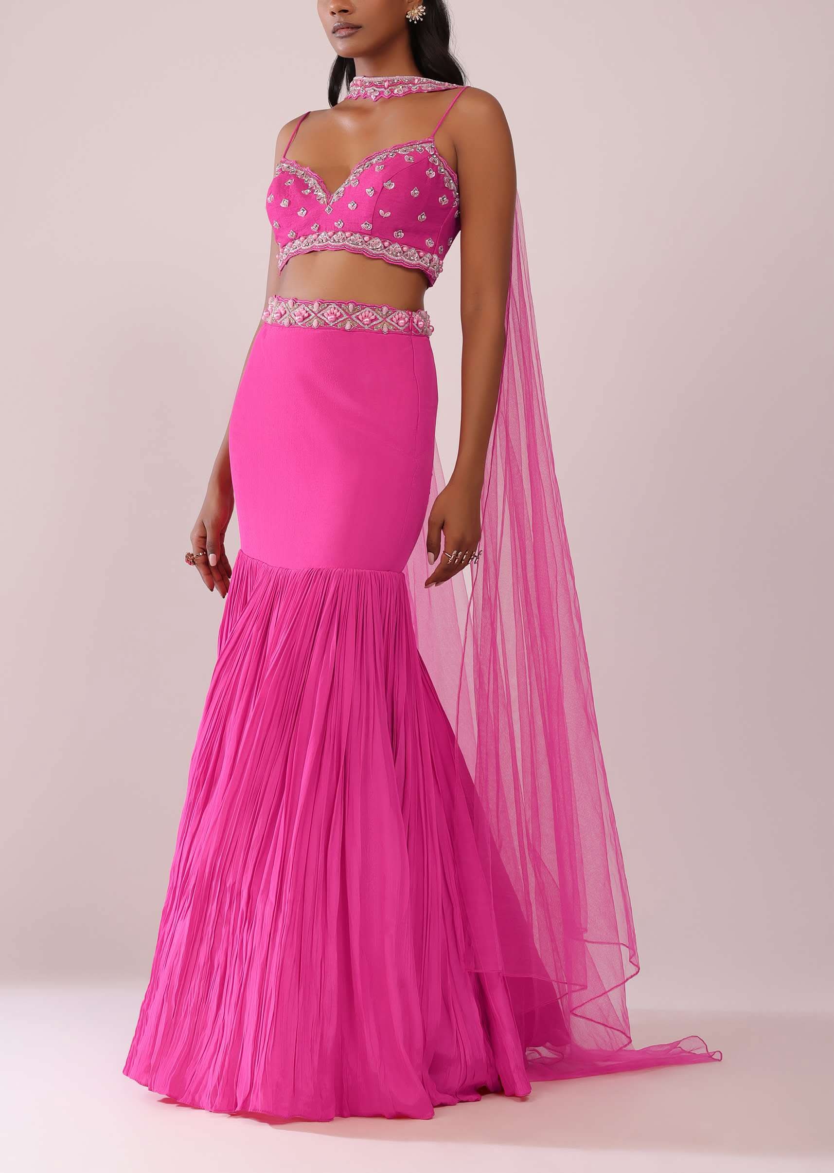 Fuschia Pink Lehenga And Hand Embroidered Blouse Set In Crepe - Image 3